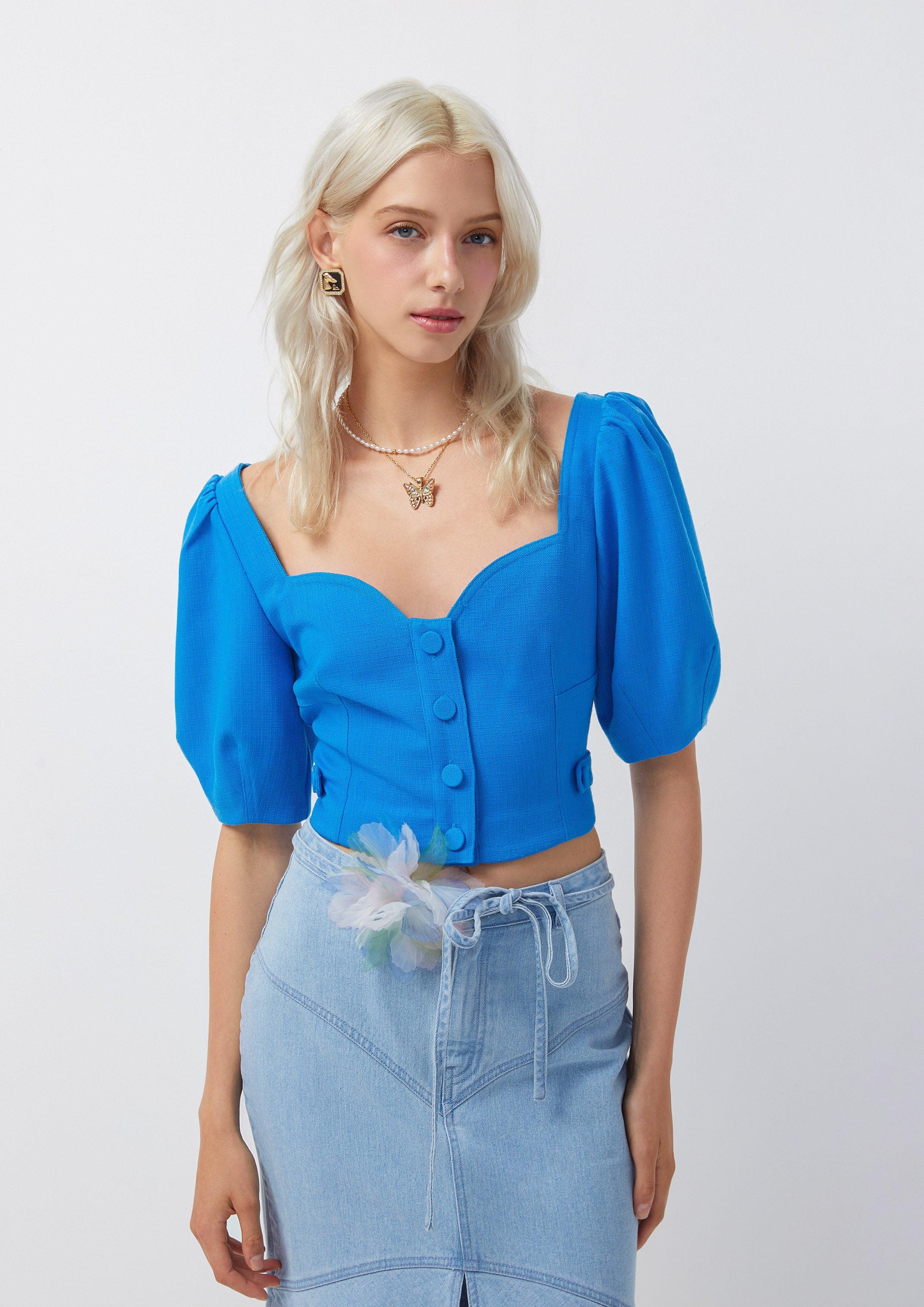 Femme Power Sweetheart Puff Crop Top Blue