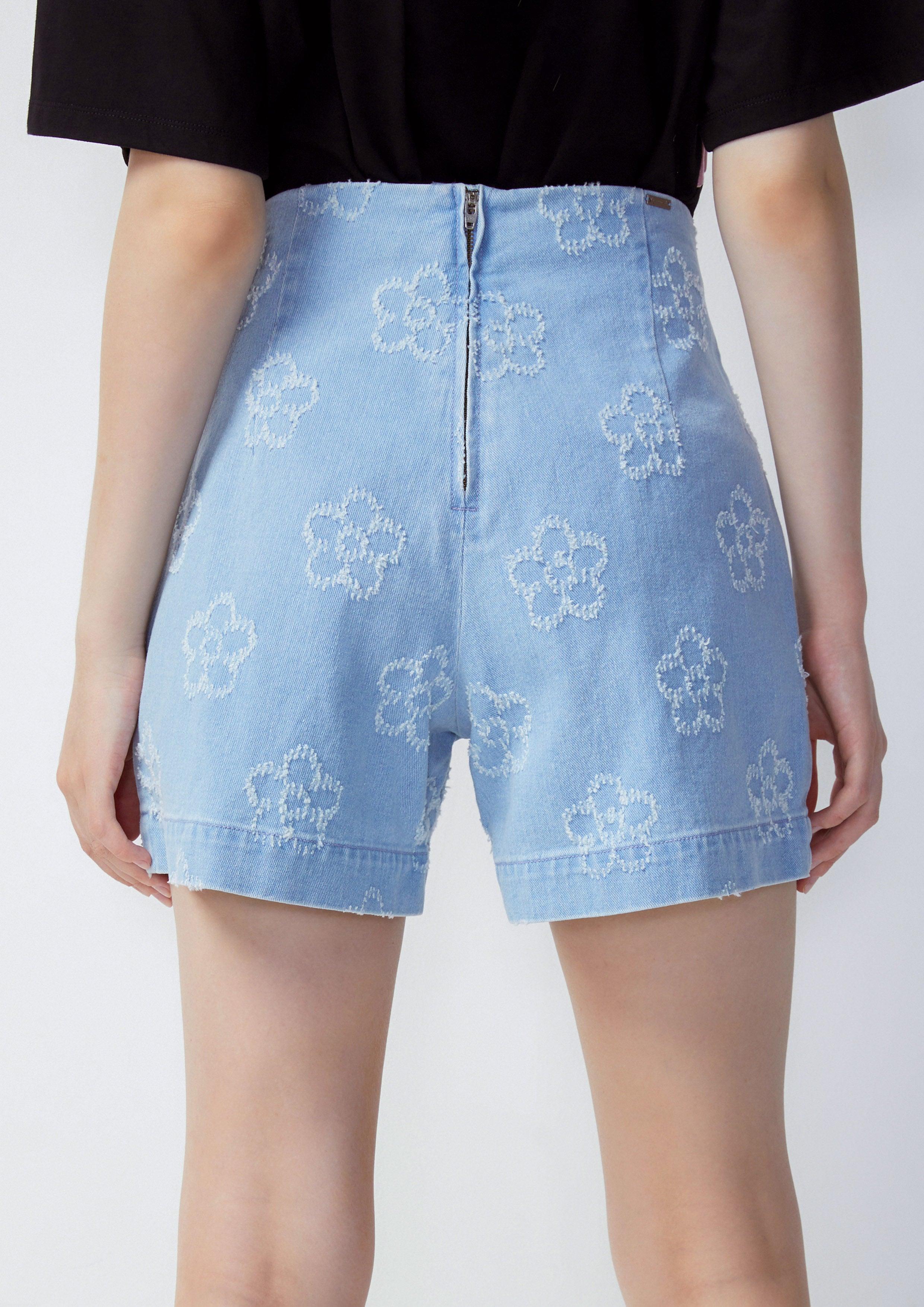 Femme Power Flower Ornament Denim Shorts Blue