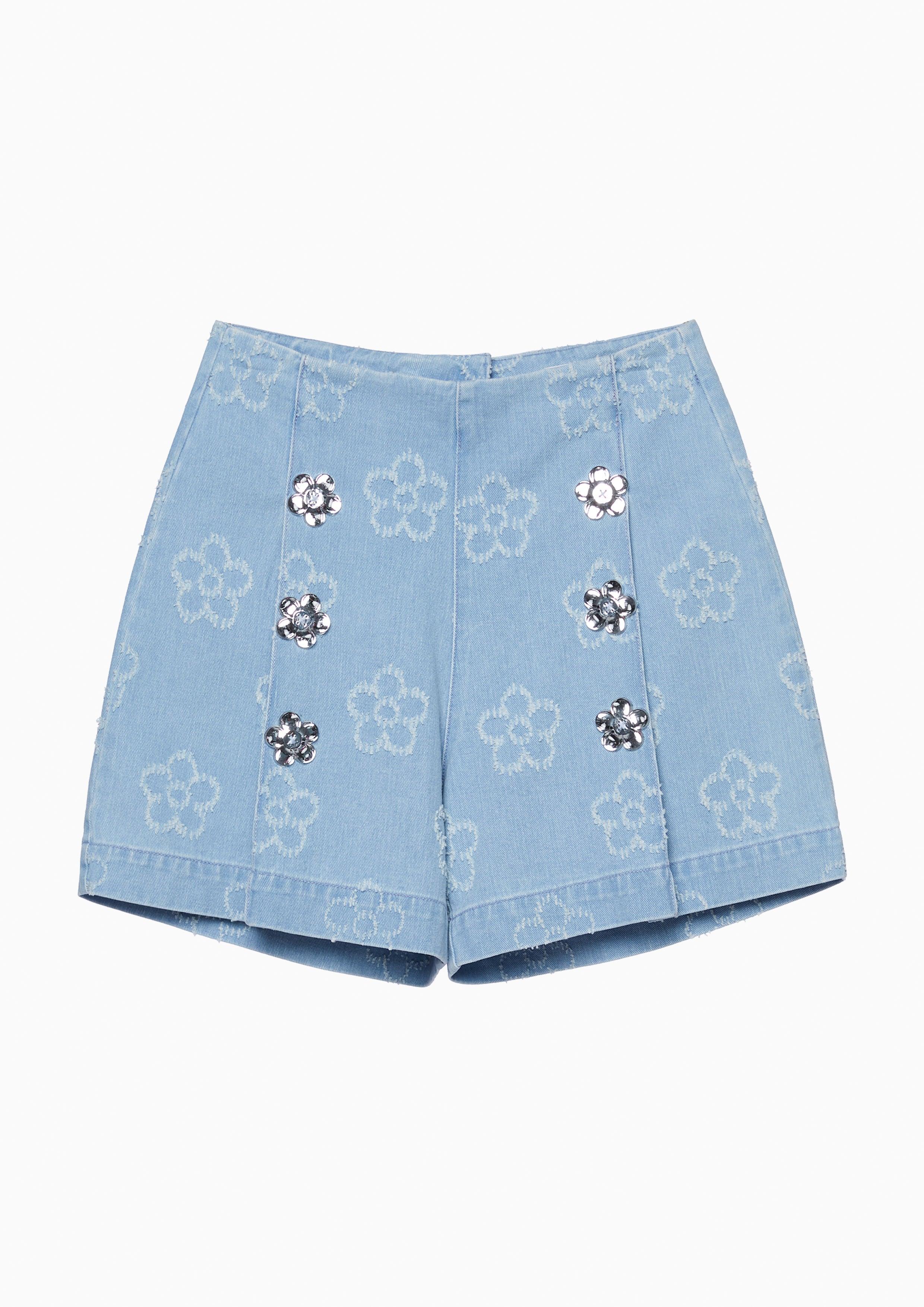 Femme Power Flower Ornament Denim Shorts Blue