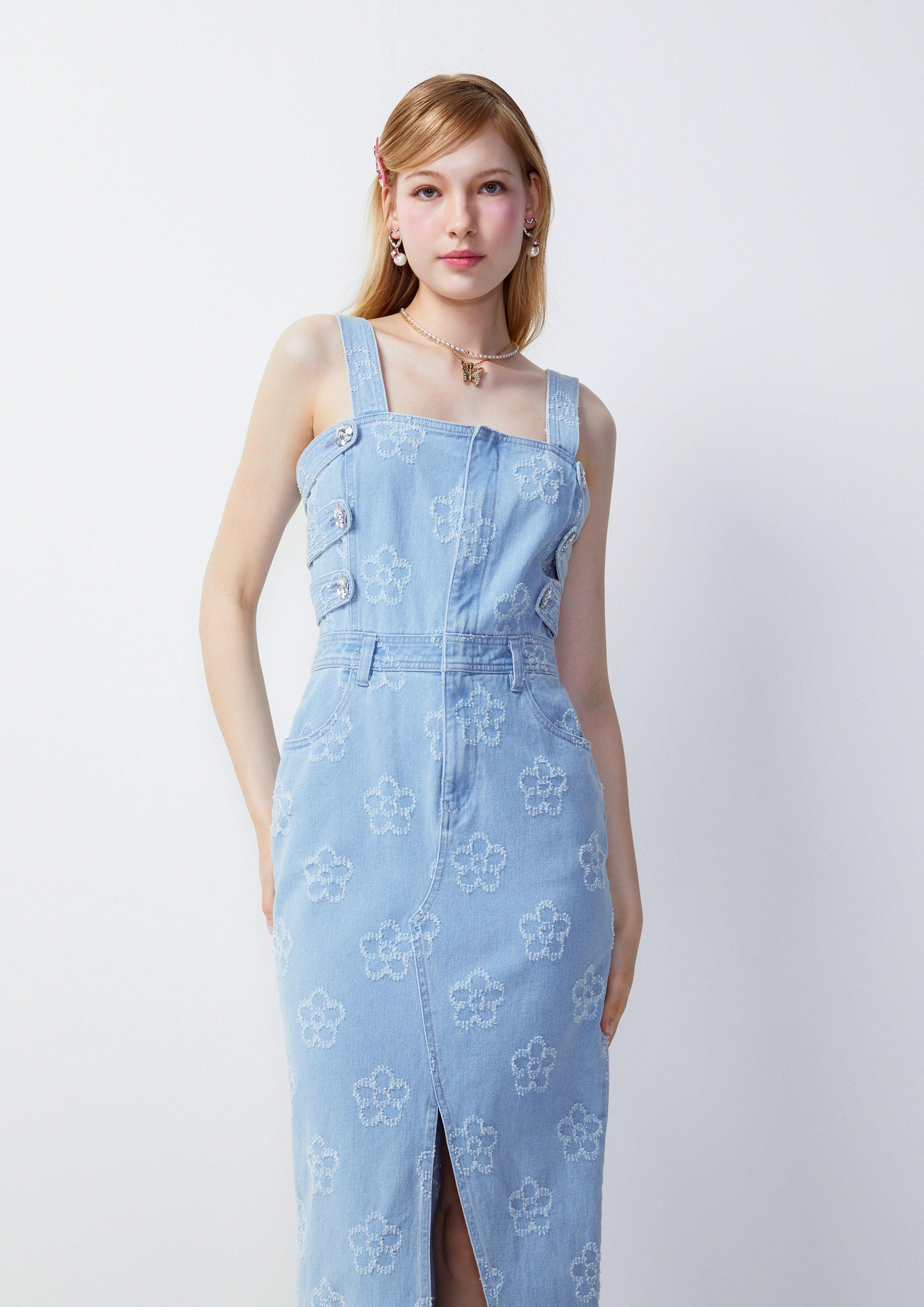 Femme Power Flower Denim Midi Dress Blue