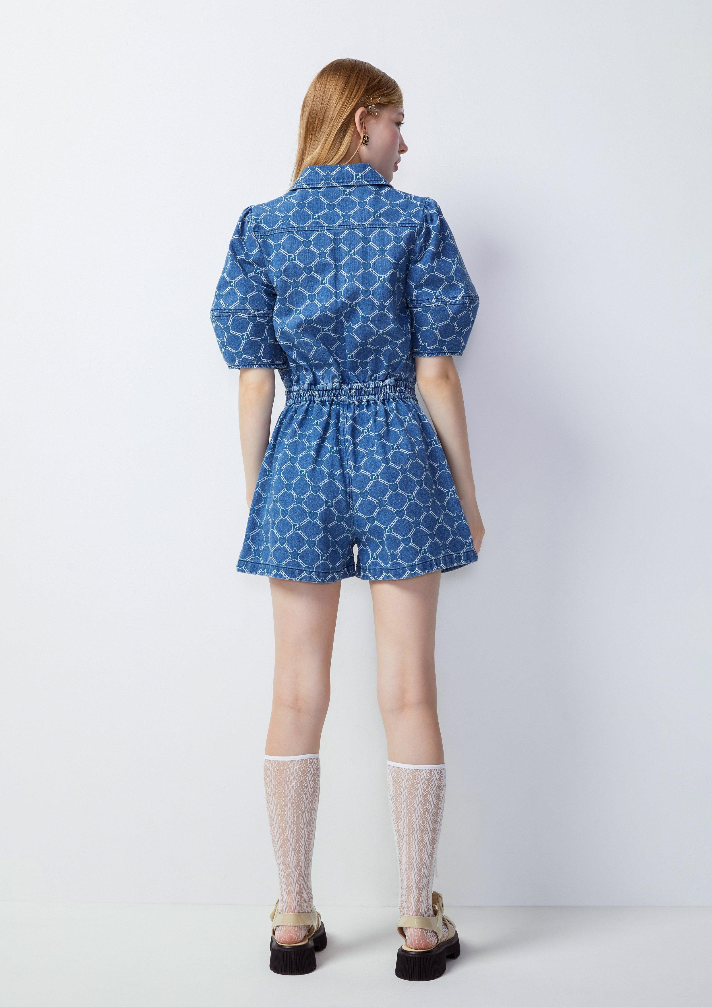 Femme Power Print Denim Romper Blue