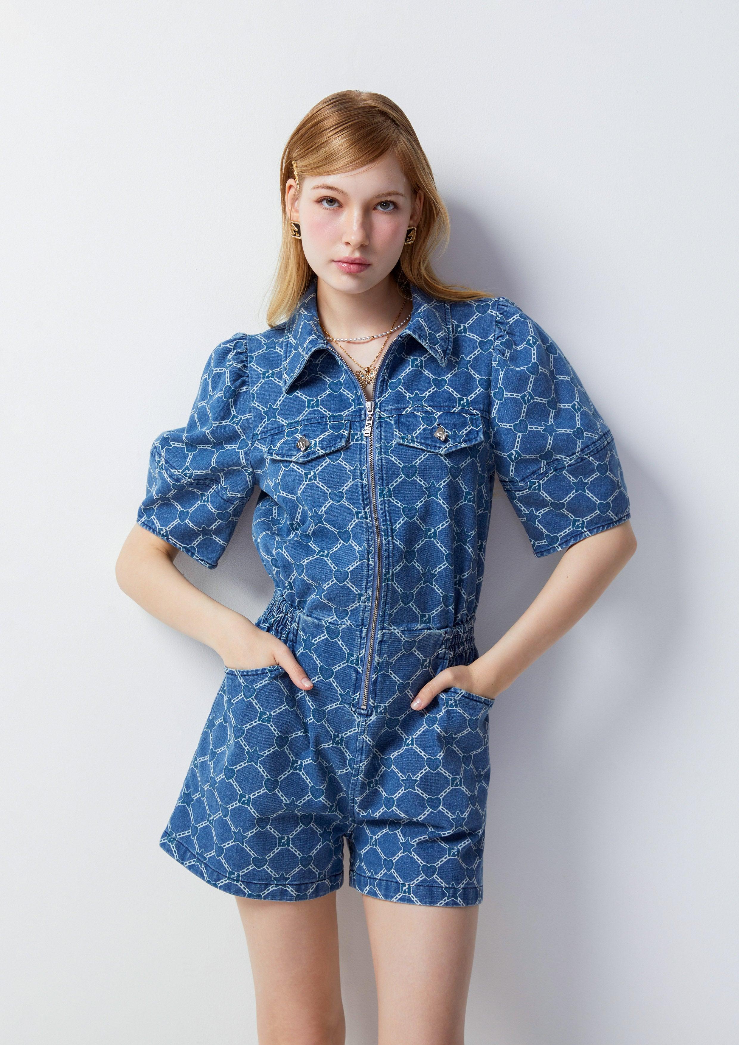 Femme Power Print Denim Romper Blue