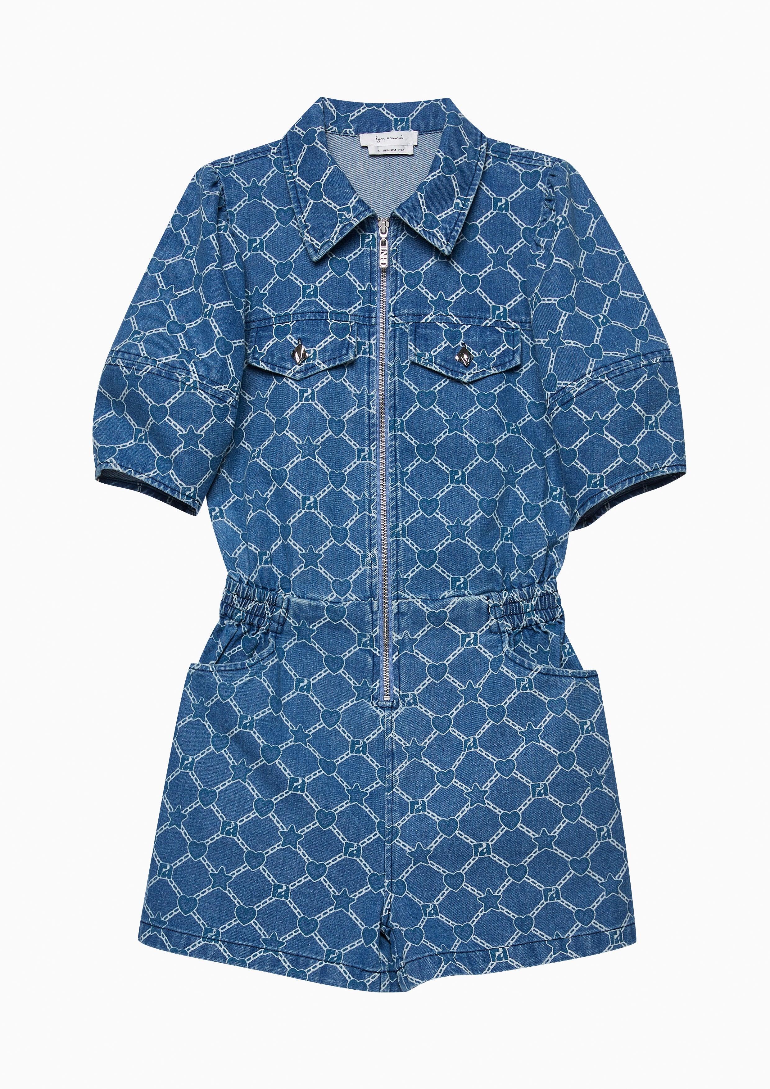 Femme Power Print Denim Romper Blue