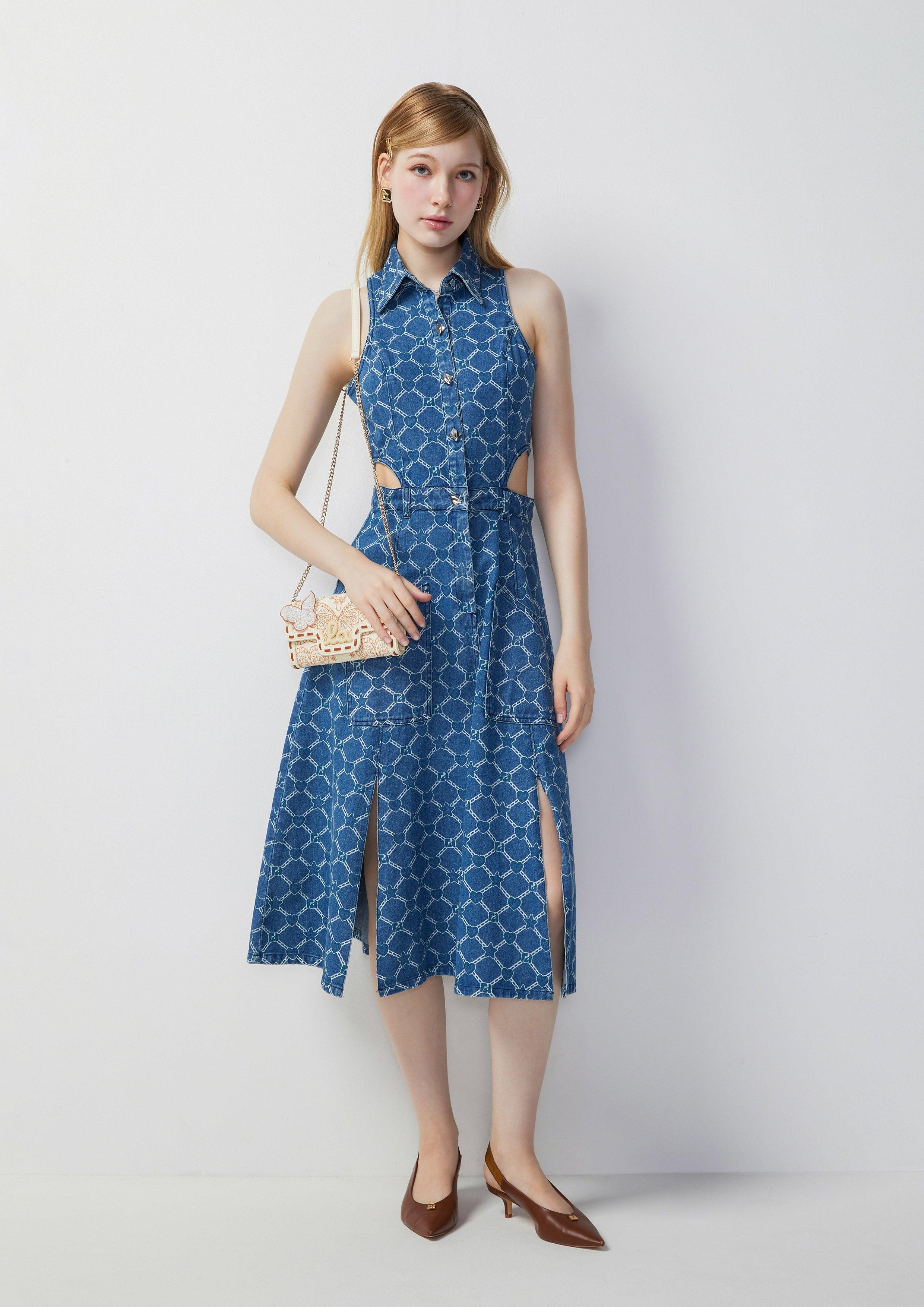 Femme Power Printed Denim Midi Dress Blue