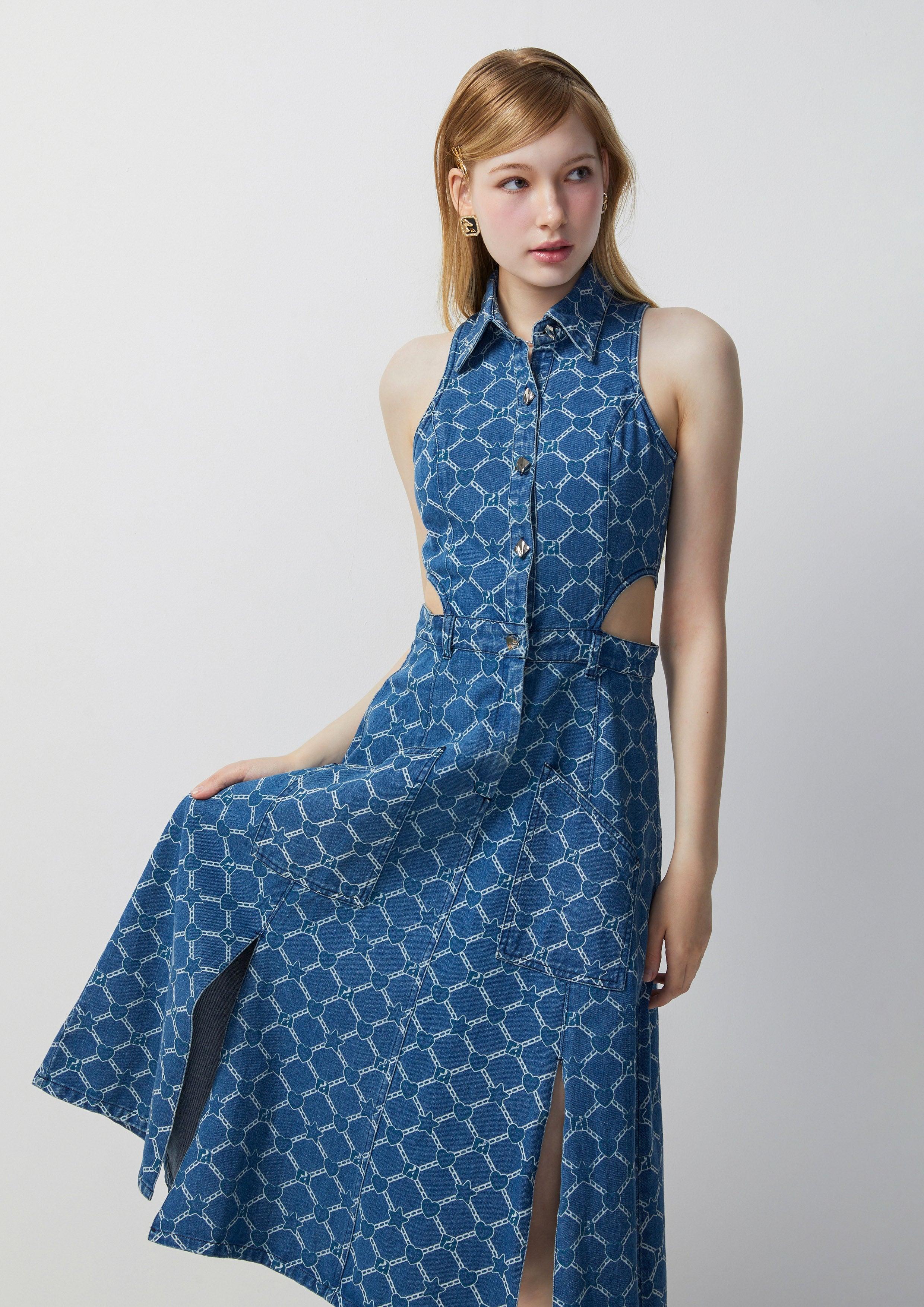 Femme Power Printed Denim Midi Dress Blue