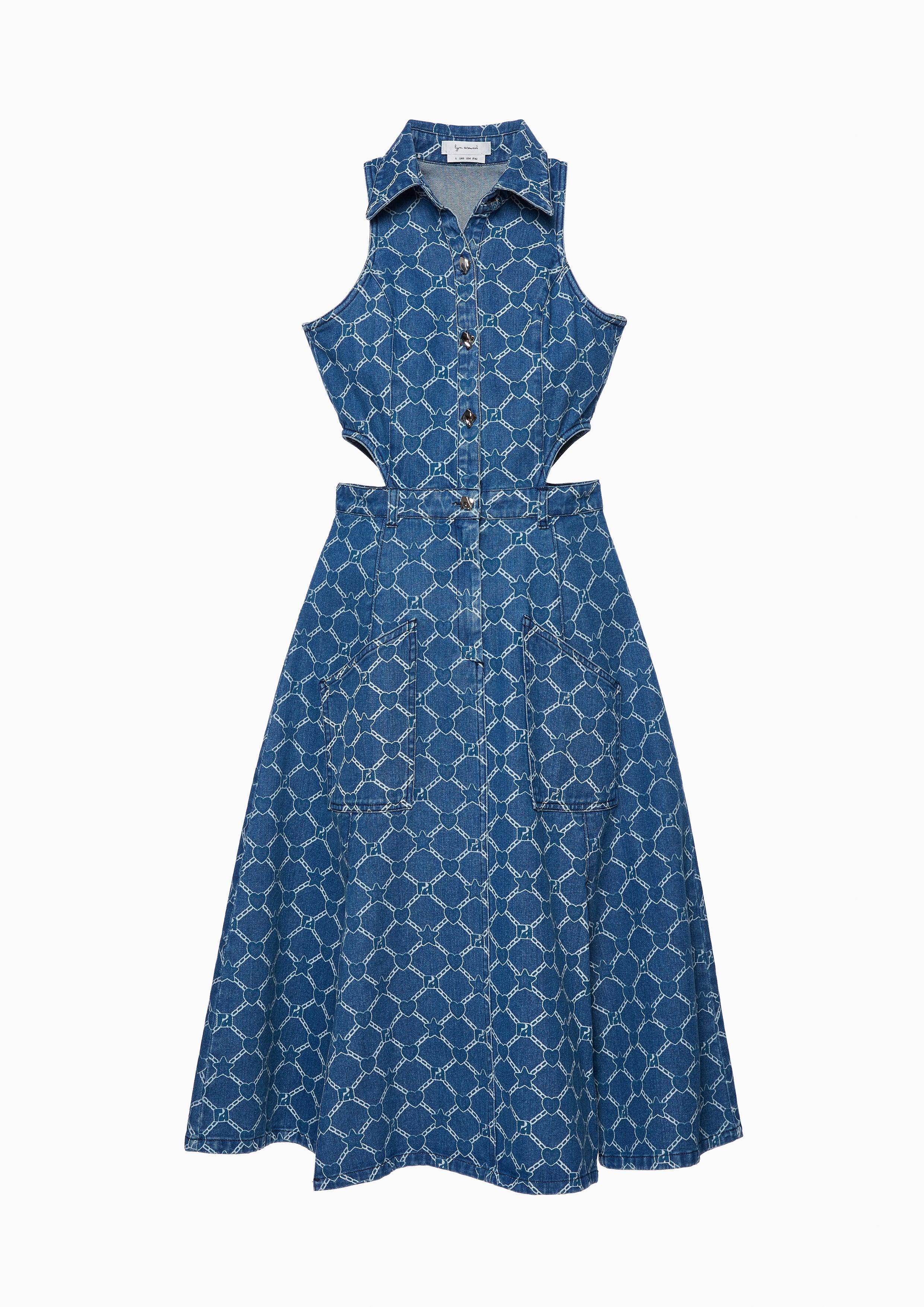 Femme Power Printed Denim Midi Dress Blue