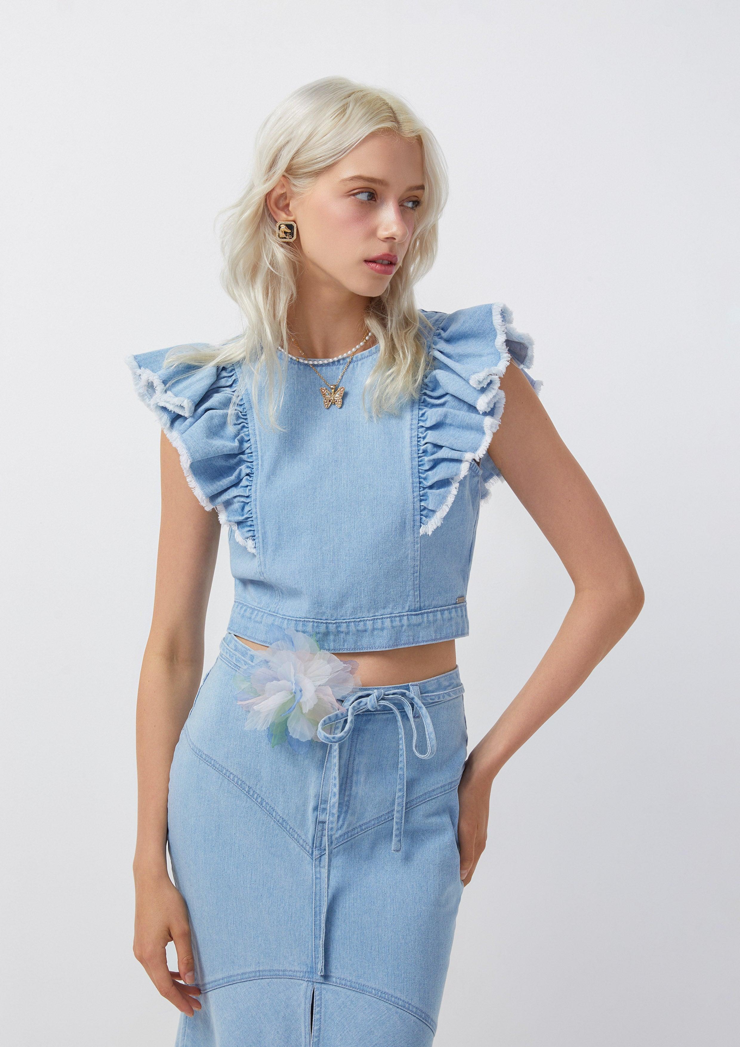 Femme Power Ruffle Denim Crop Top Blue