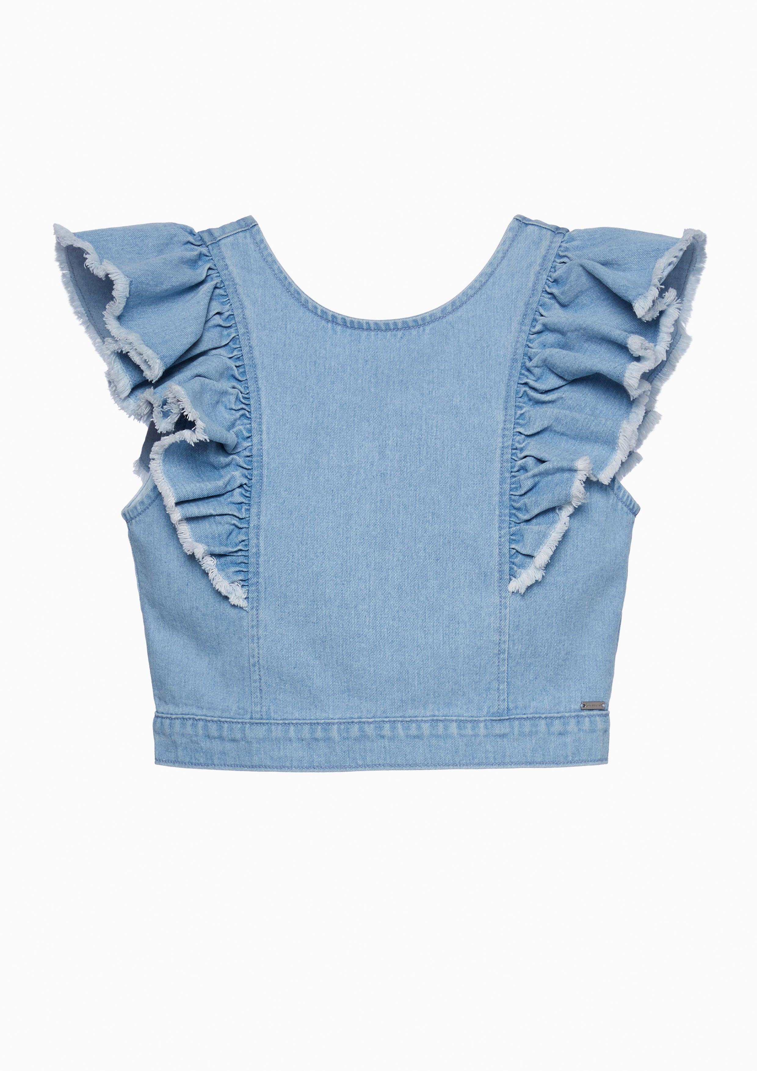 Femme Power Ruffle Denim Crop Top Blue