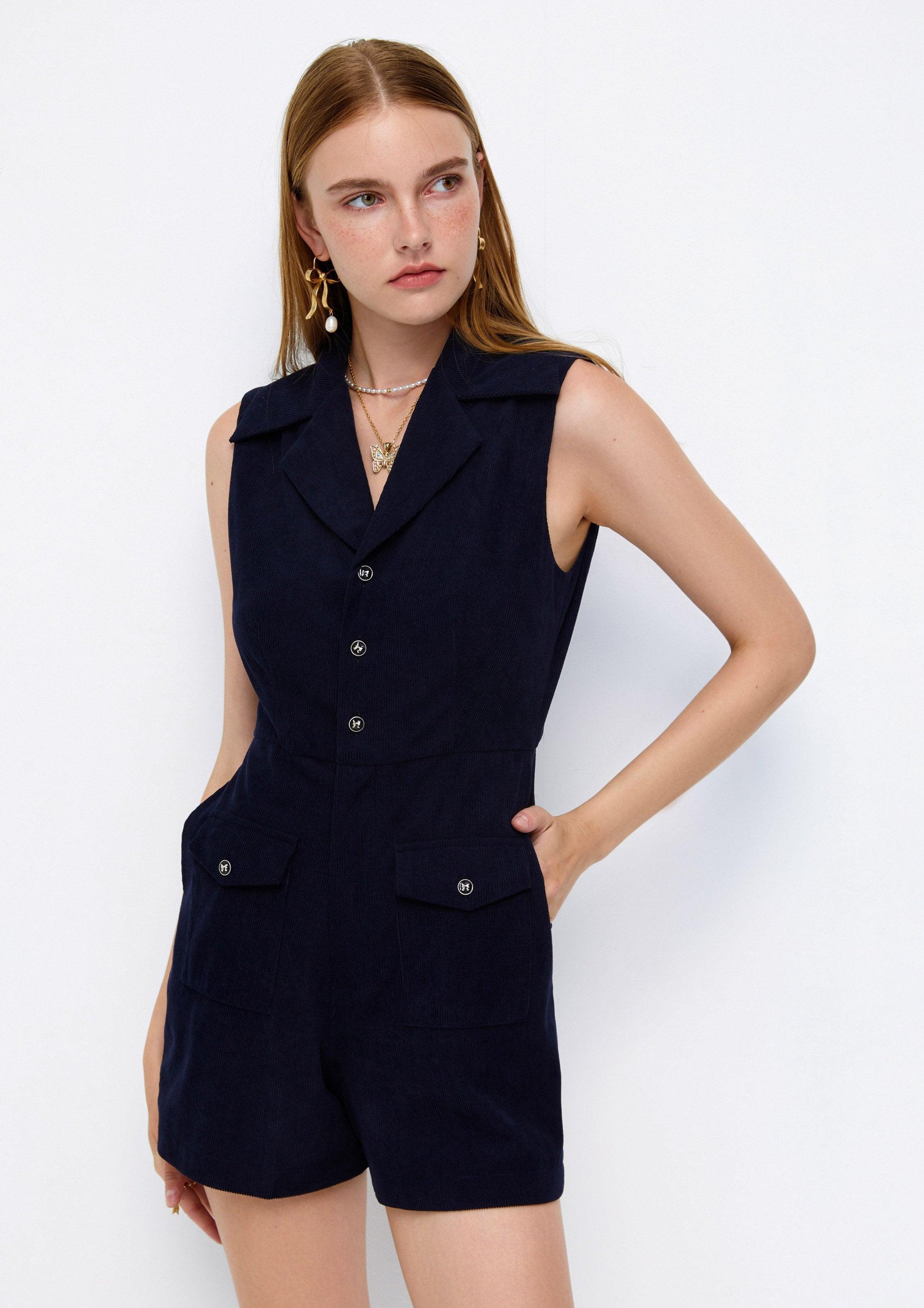 Lost in Museum Corduroy Charm Romper Navy