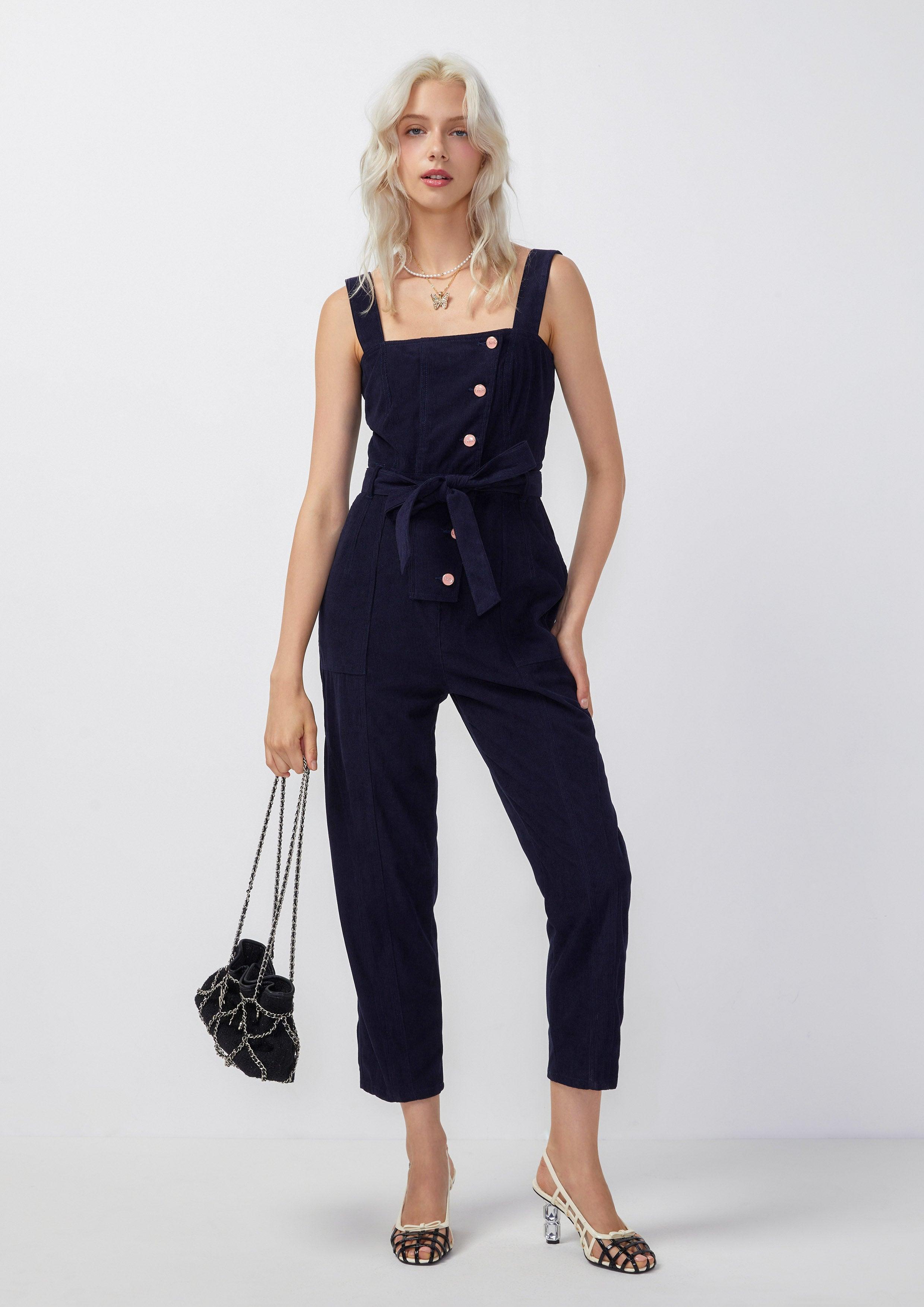 Femme Power Buttoned Sleeveless Jumpsuit Blue