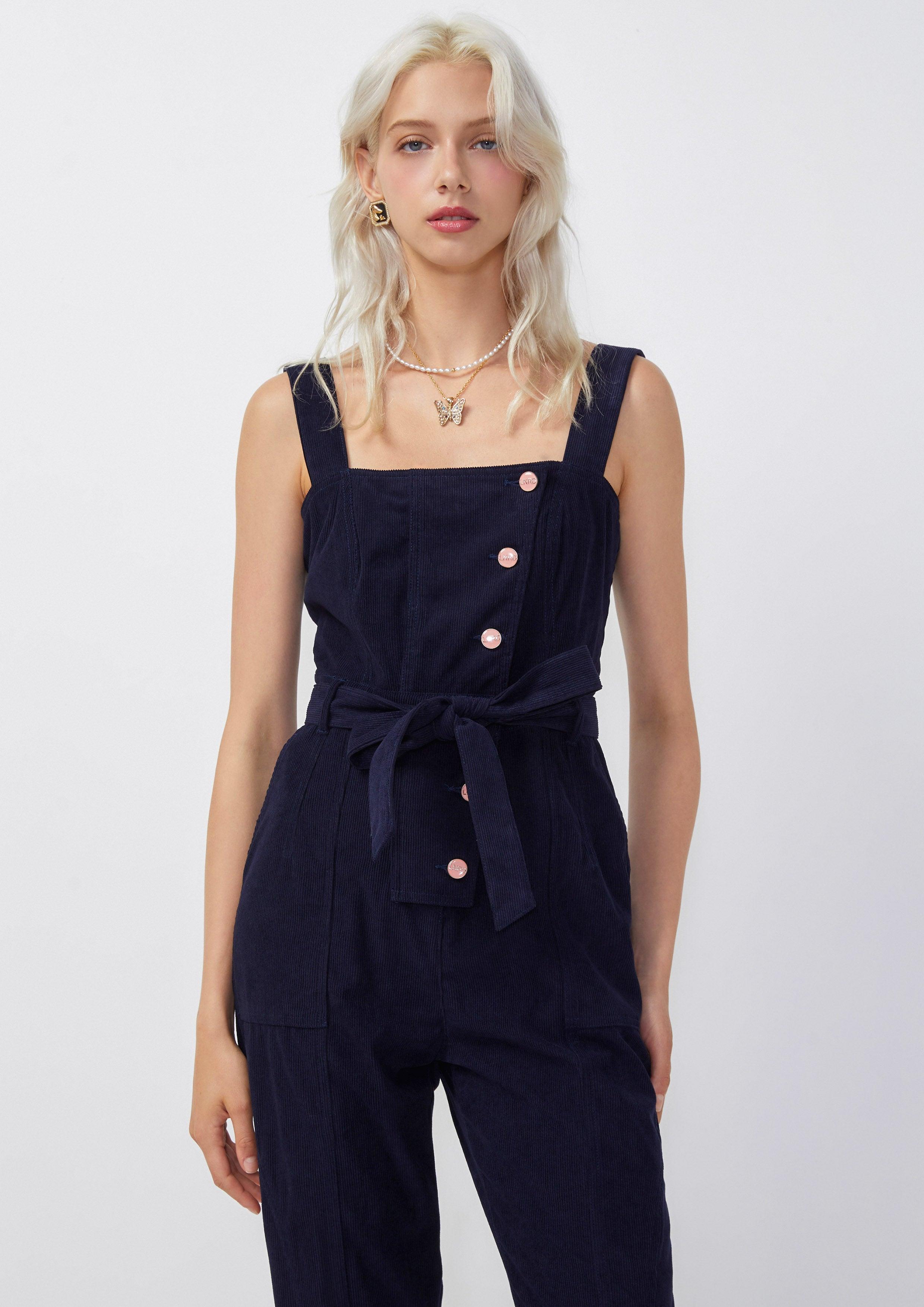 Femme Power Buttoned Sleeveless Jumpsuit Blue