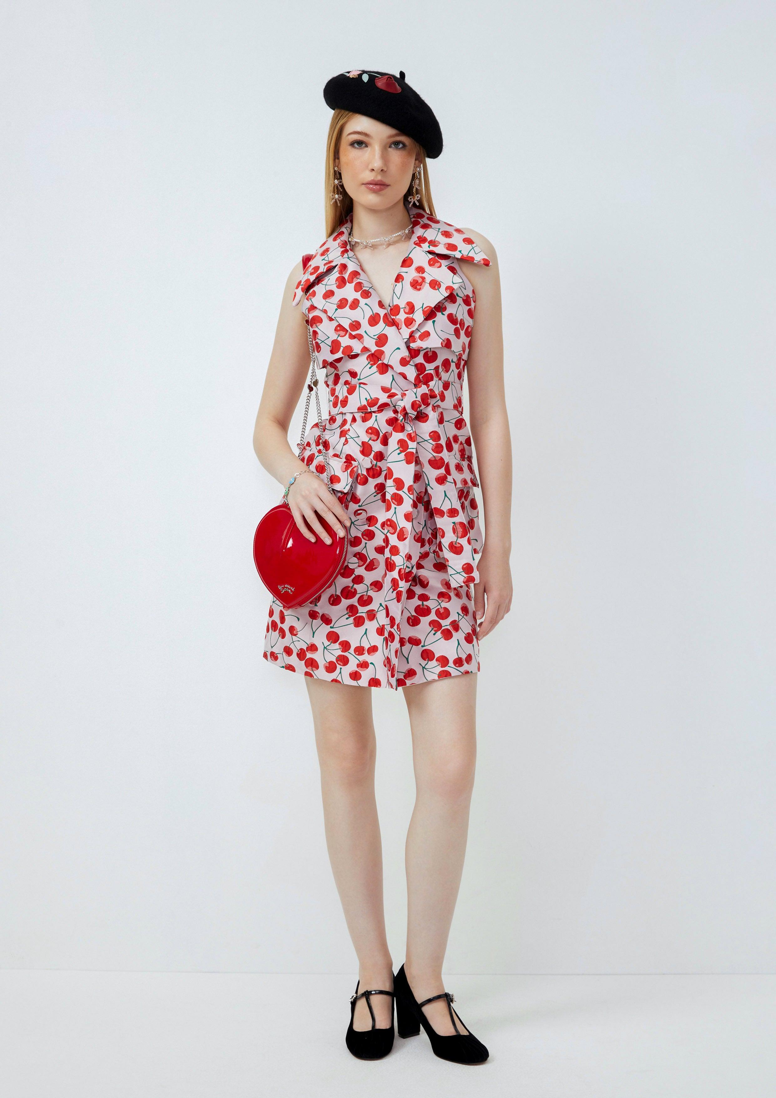 Lost in Museum Cherry Print Sleeveless Dress Pink