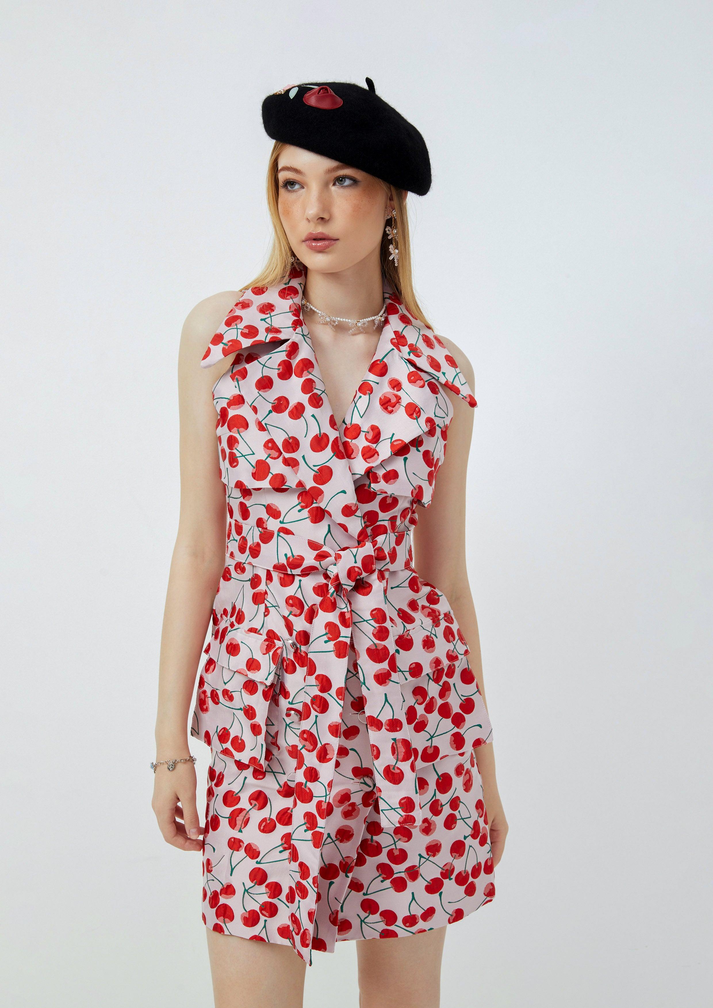 Lost in Museum Cherry Print Sleeveless Dress Pink