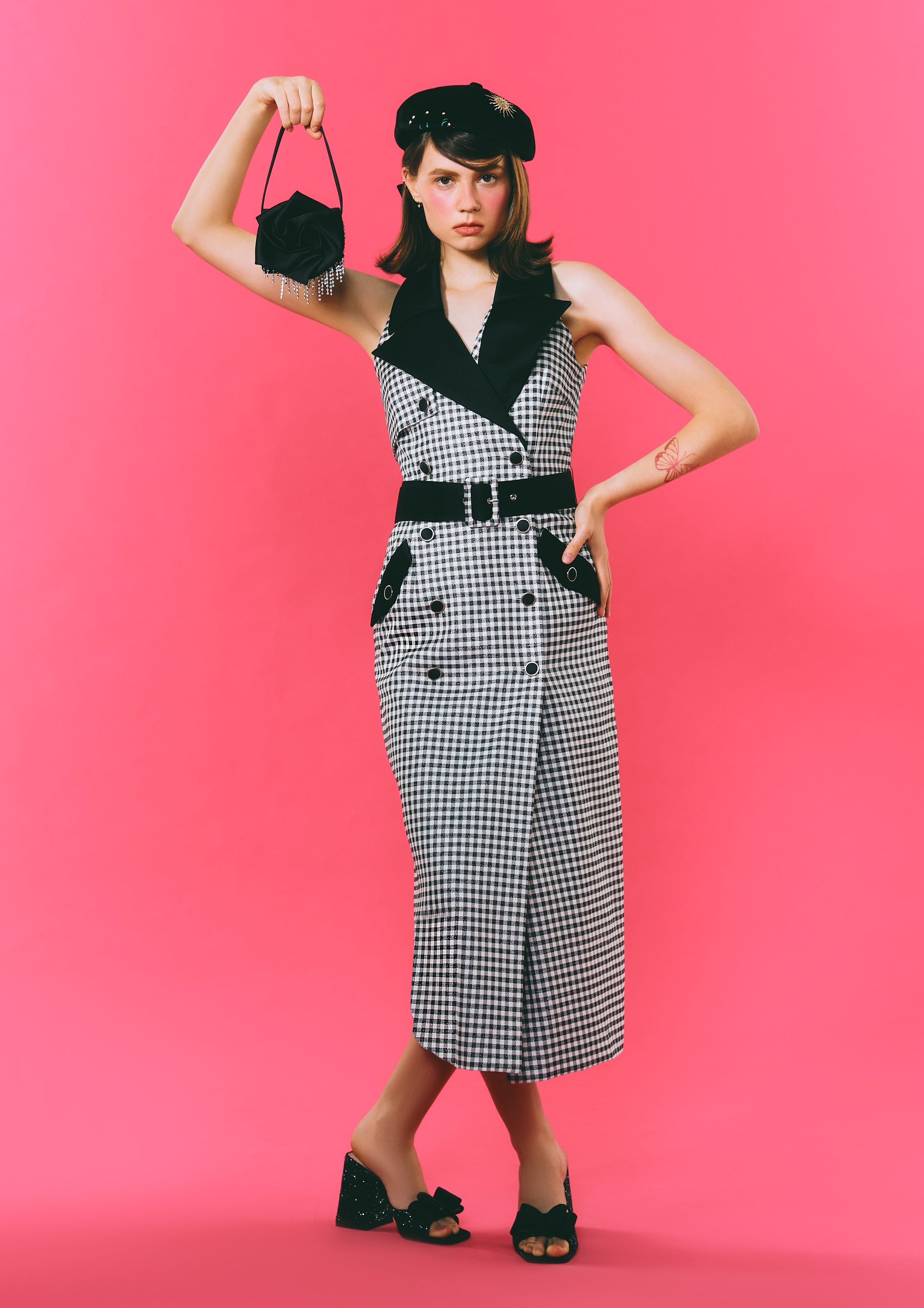 Checker Collar Sleeveless Belted Midi Dress Check Femme Power Collection