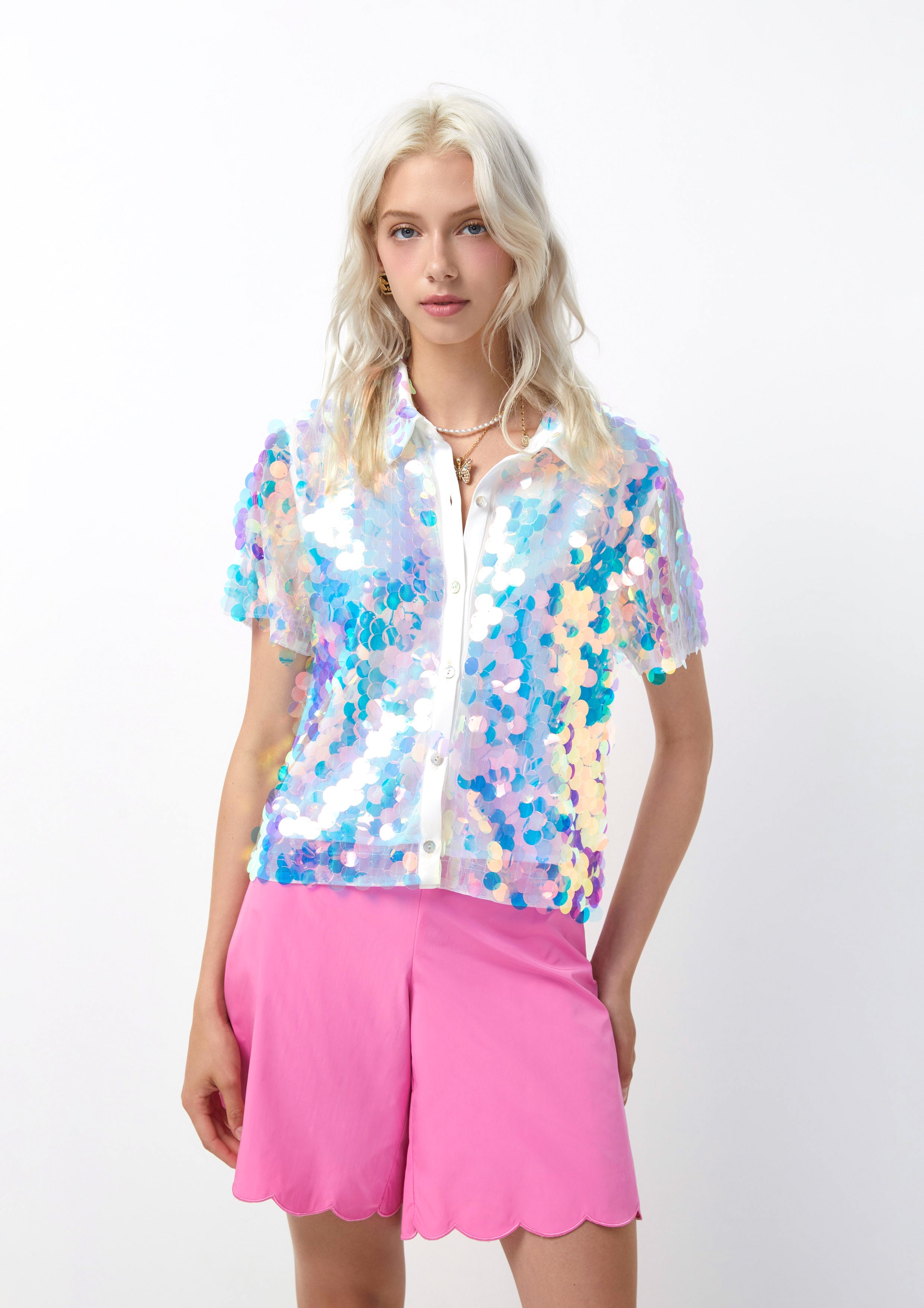 Iridescent Sequin Short Sleeve Shirt Femme Power Collection