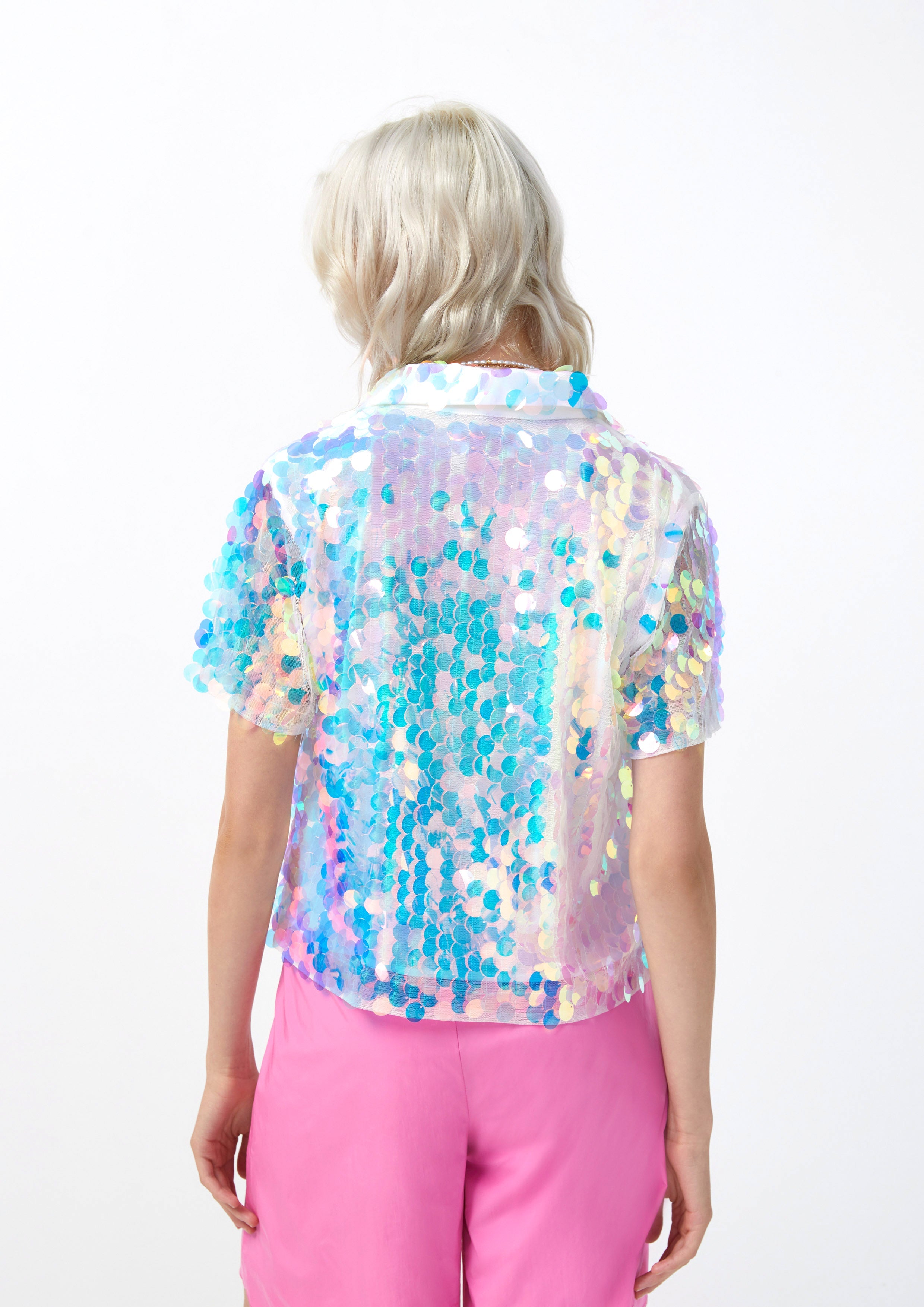 Iridescent Sequin Short Sleeve Shirt Femme Power Collection