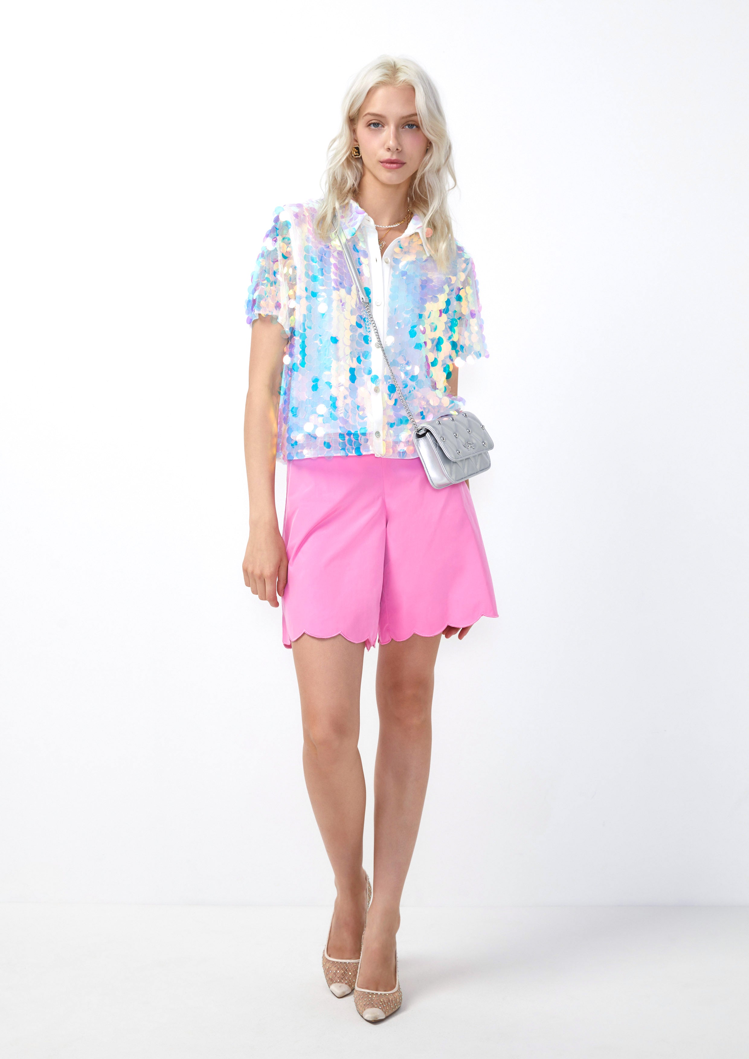 Iridescent Sequin Short Sleeve Shirt Femme Power Collection