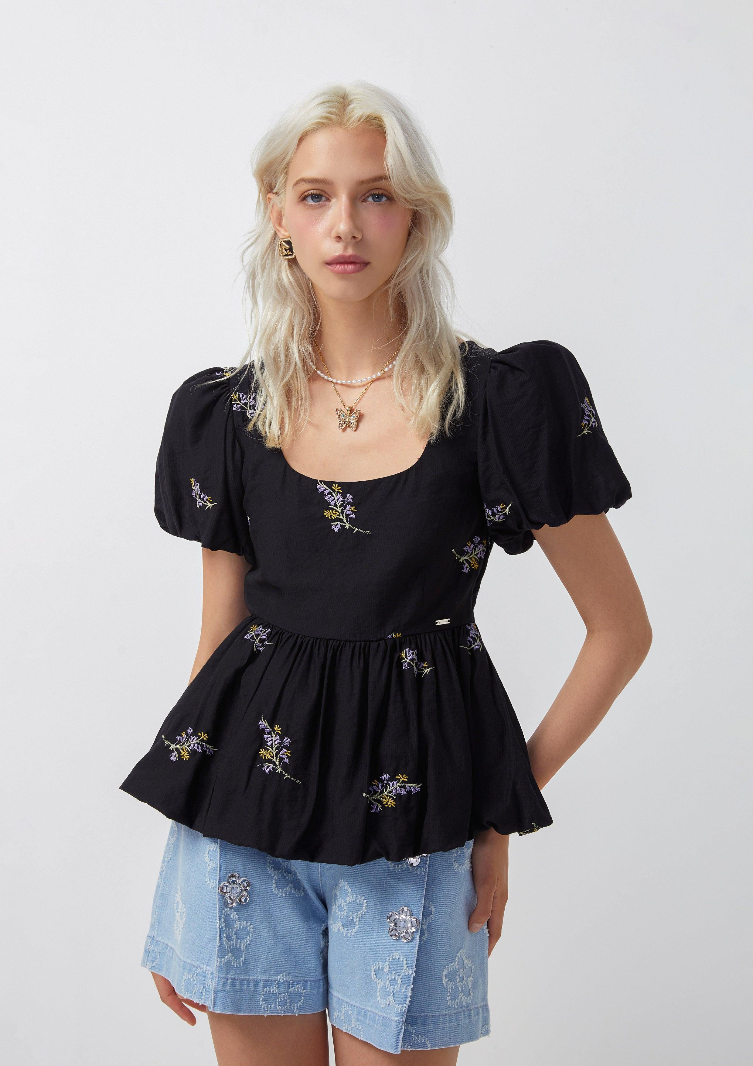 Femme Power Floral Embroidery Ruffle Hem Blouse Black