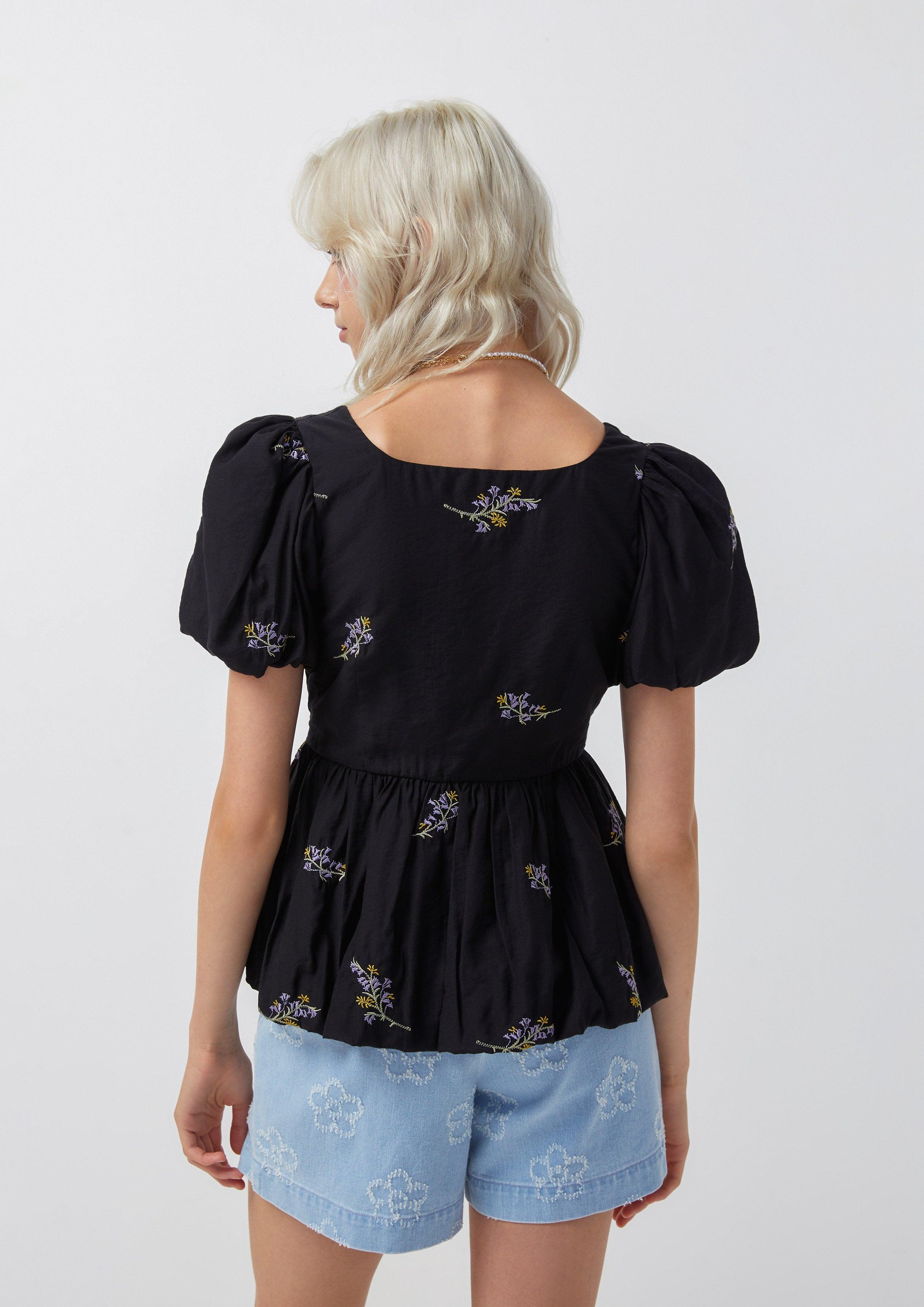 Femme Power Floral Embroidery Ruffle Hem Blouse Black