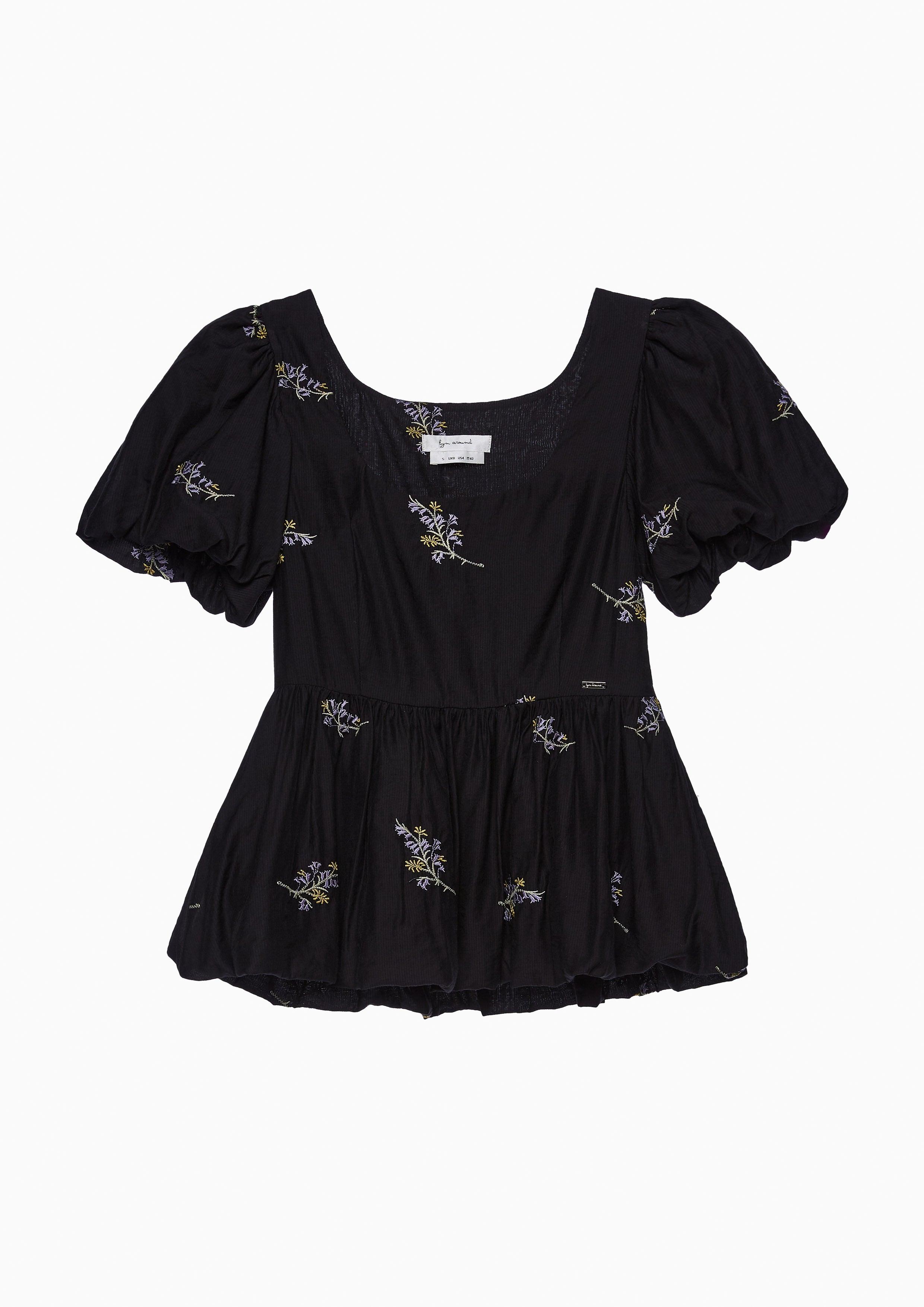 Femme Power Floral Embroidery Ruffle Hem Blouse Black