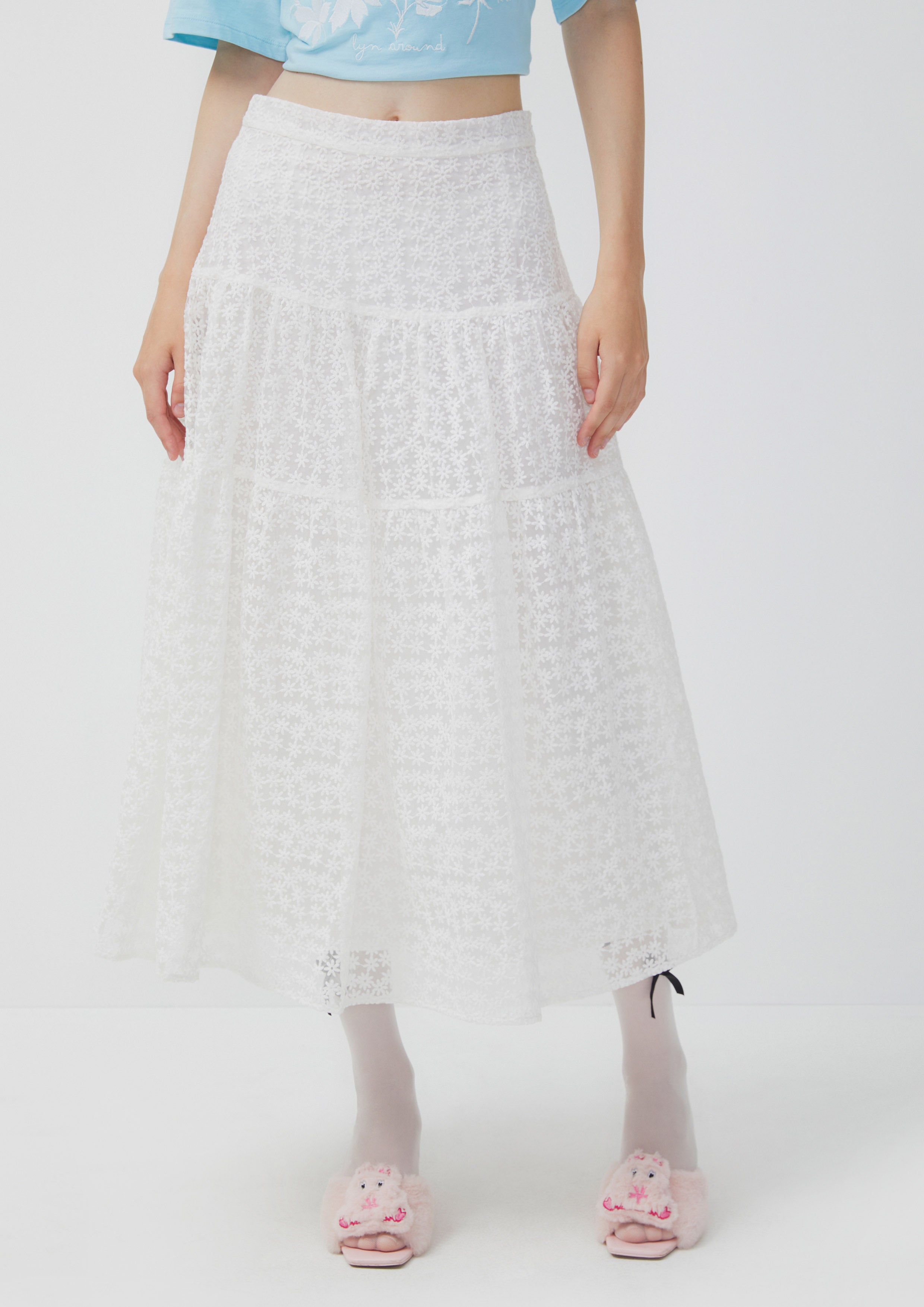 Sheer Floral Flared Midi Skirt Nostalgia Chronicle Collection