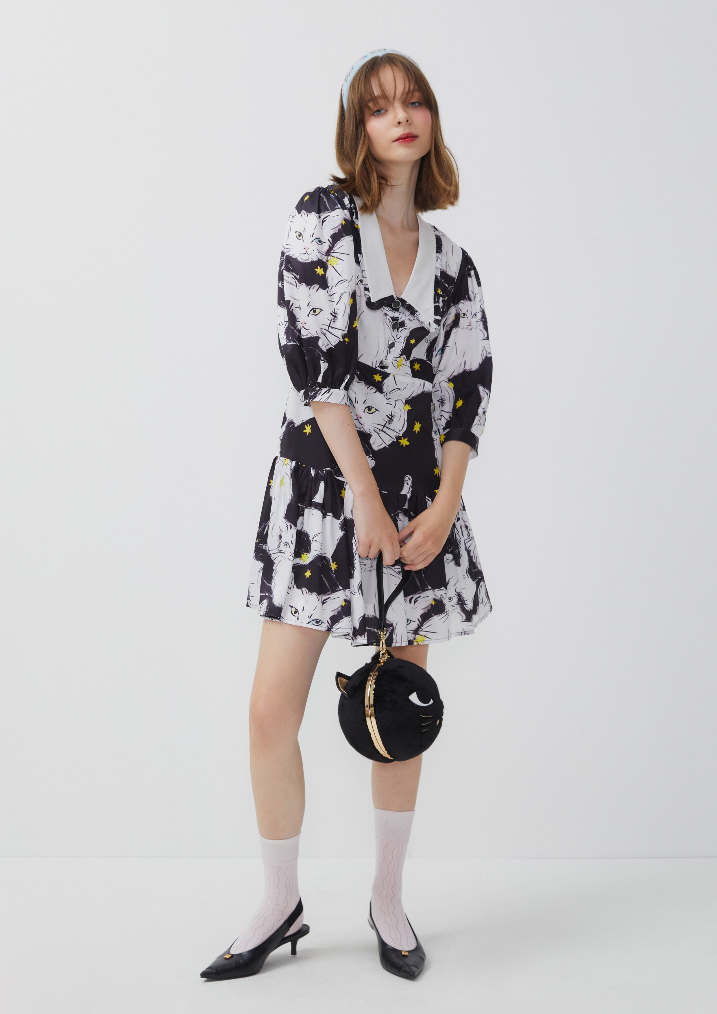 Puff Sleeve Collar Cat Contrast Short Dress Nostalgia Chronicle Collection