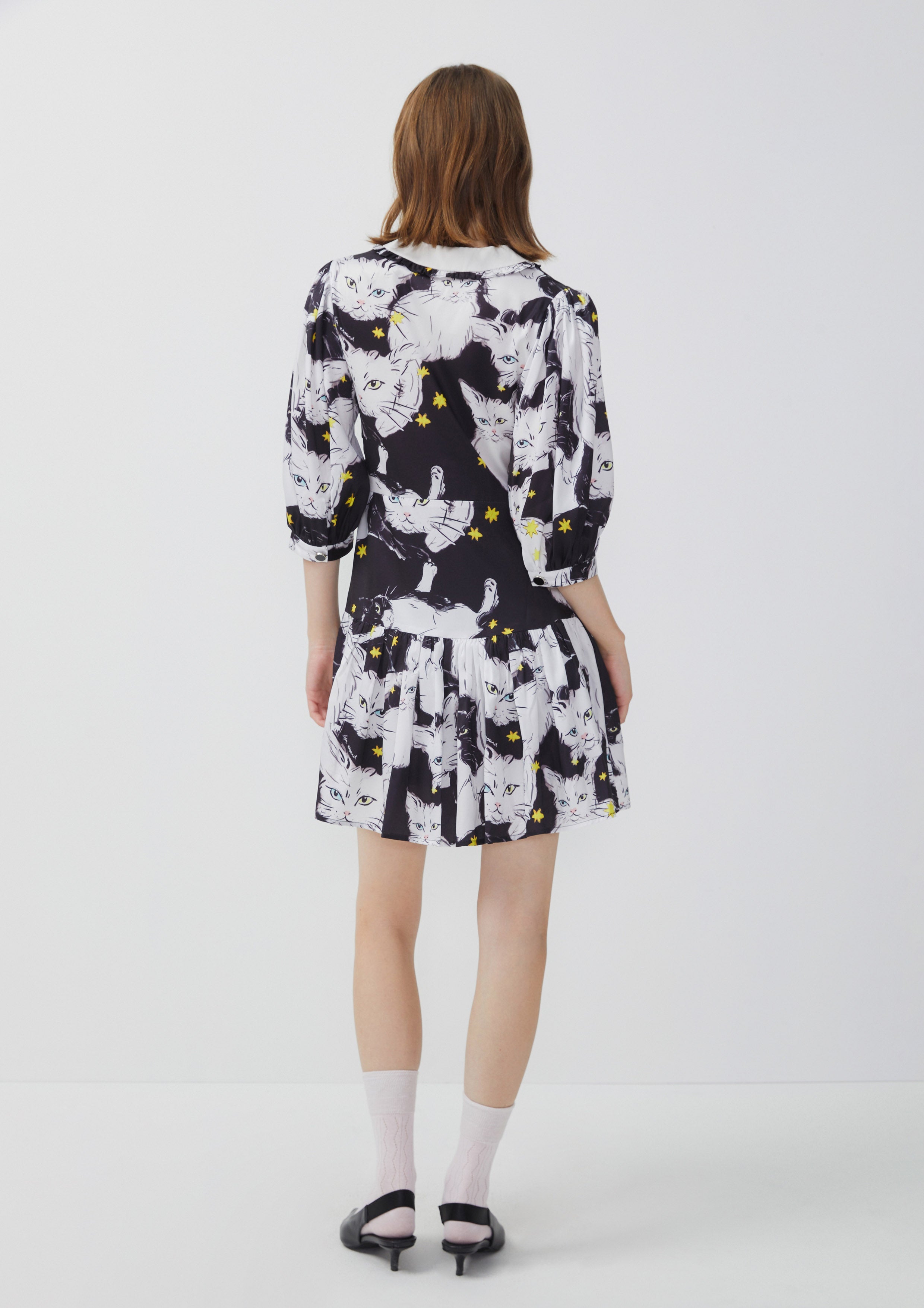 Puff Sleeve Collar Cat Contrast Short Dress Nostalgia Chronicle Collection