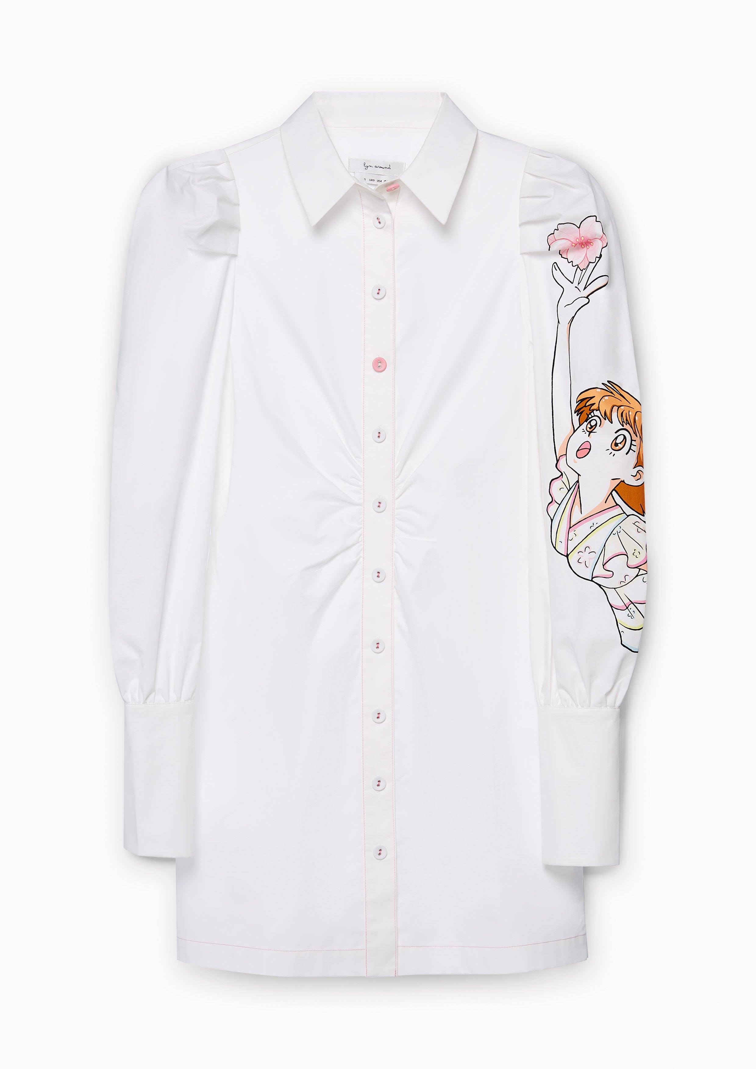 Sakura Spirit Print Puffy Shirt Dress White