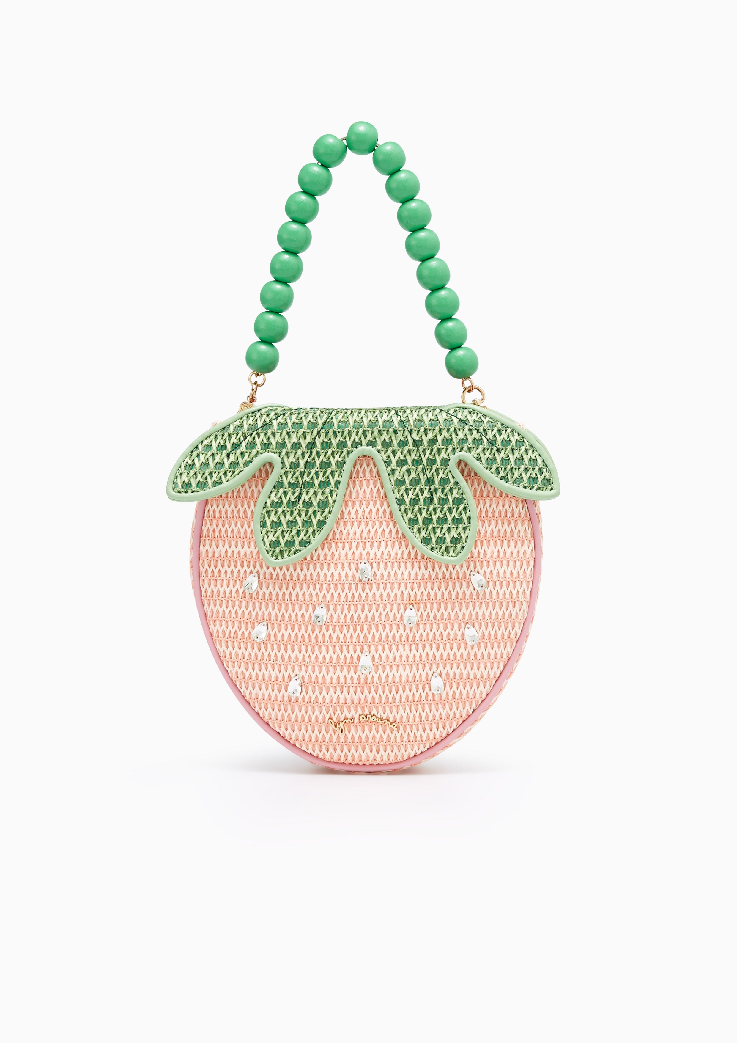 Raffia Style Bead Handle Strawberry Bag Light Pink