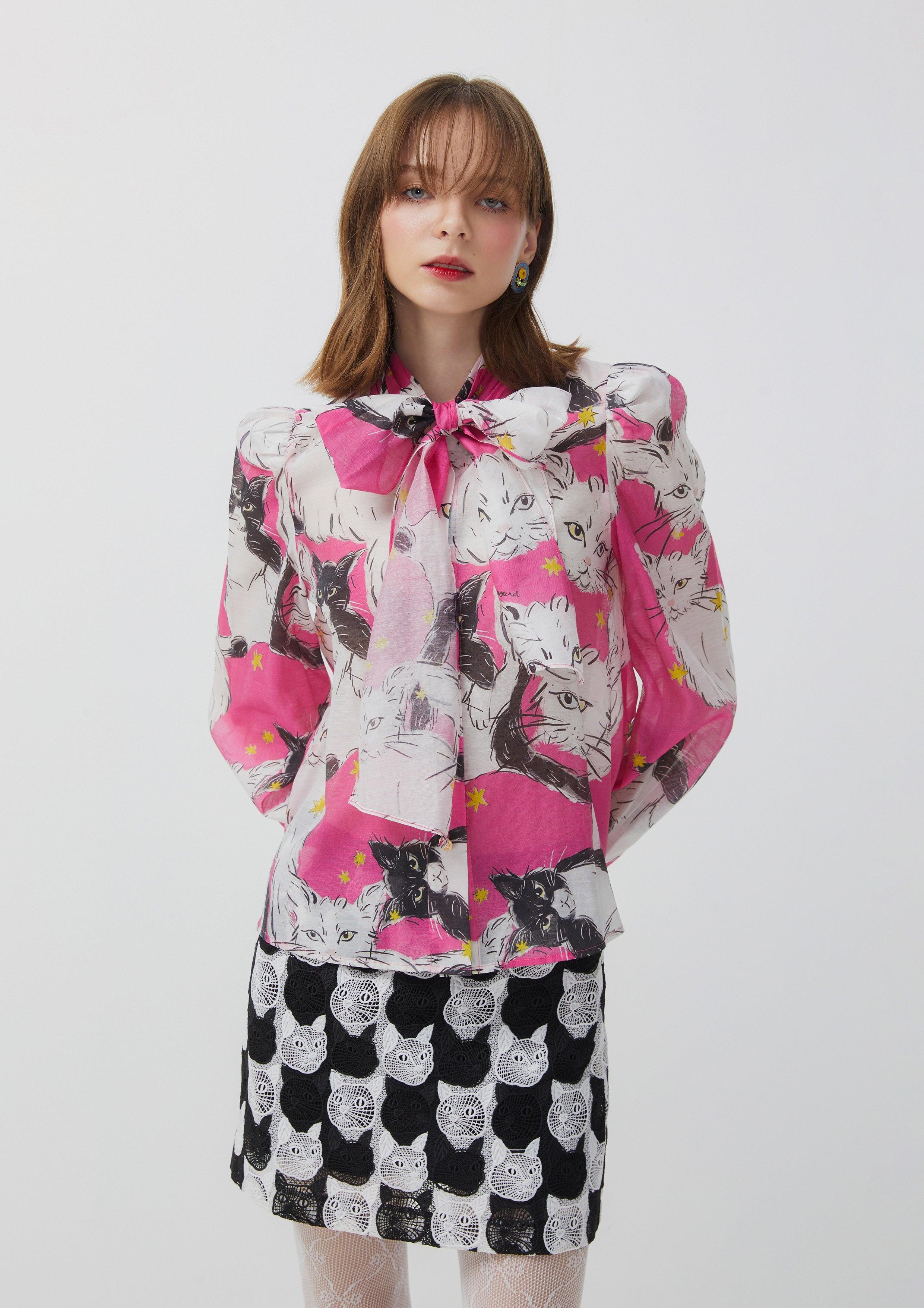 Nostalgia Chronicles Cat Print Bow Blouse Pink