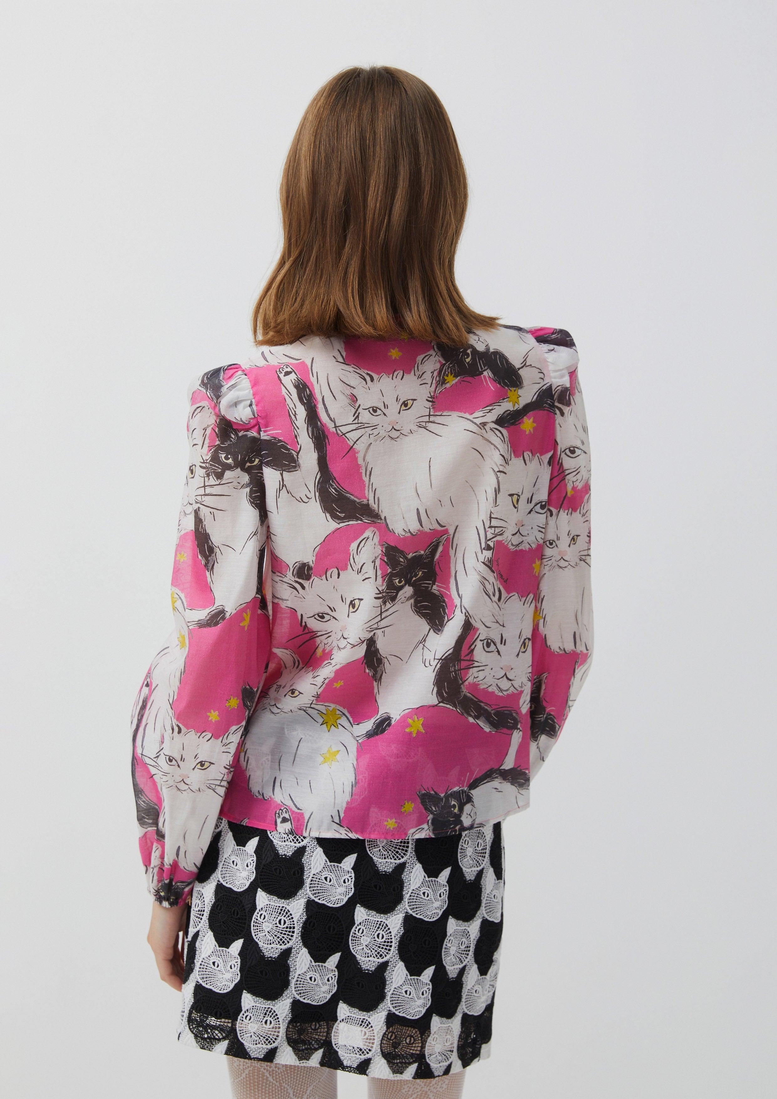 Nostalgia Chronicles Cat Print Bow Blouse Pink