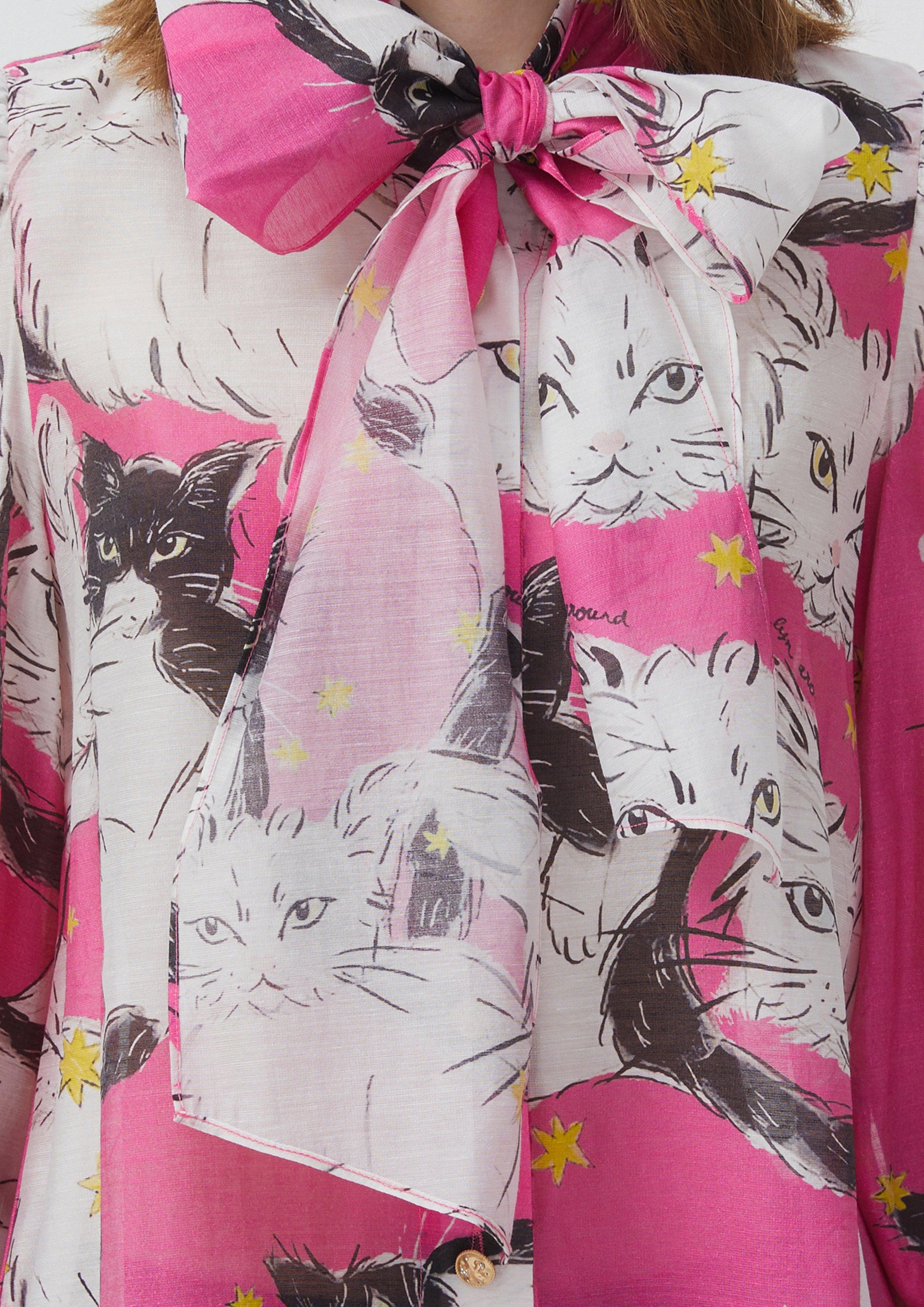 Nostalgia Chronicles Cat Print Bow Blouse Pink