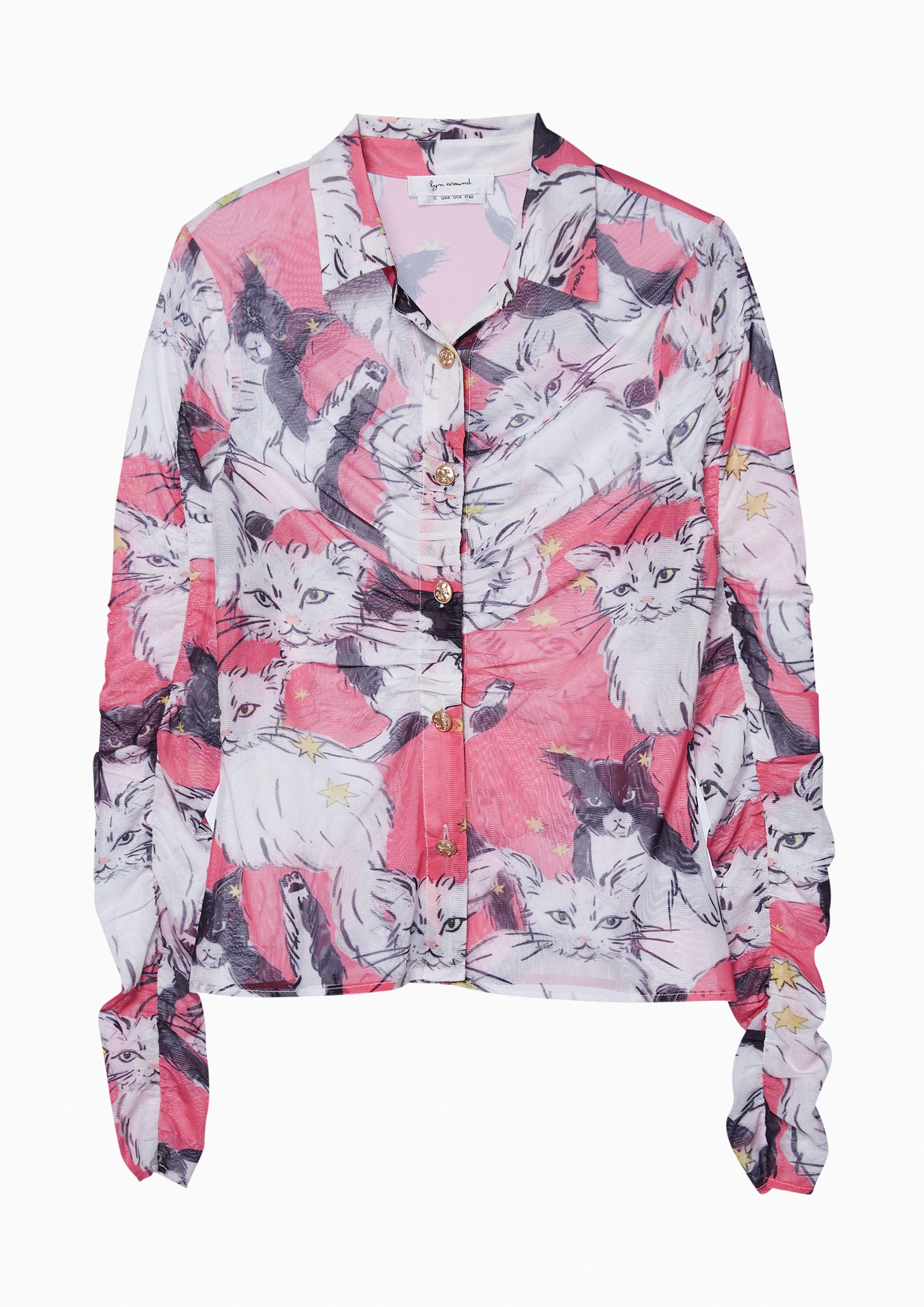 Nostalgia Chronicles Cat Print Shirt Pink