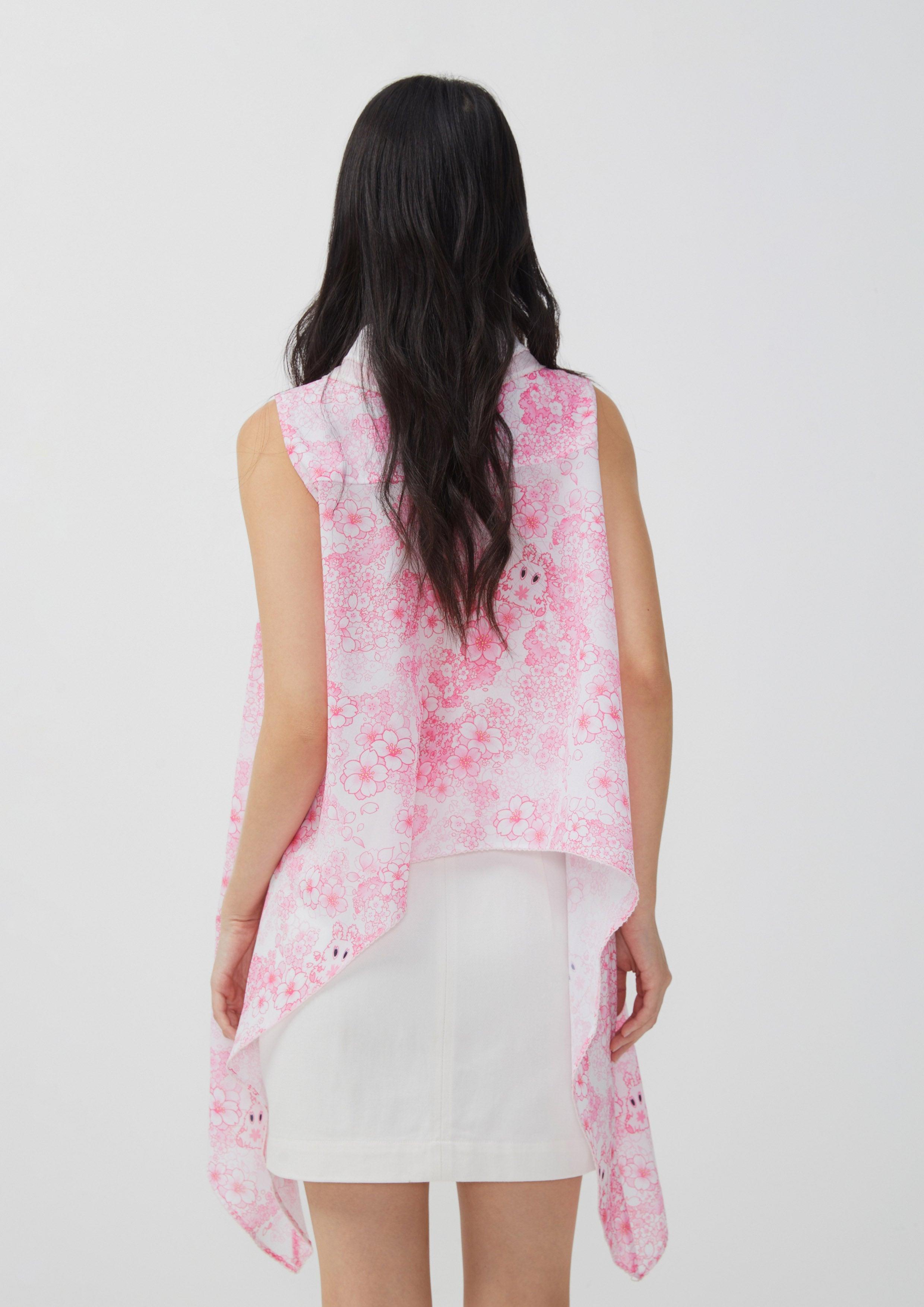 Sakura Spirit Print Sloped Hem Chiffon Blouse Pink