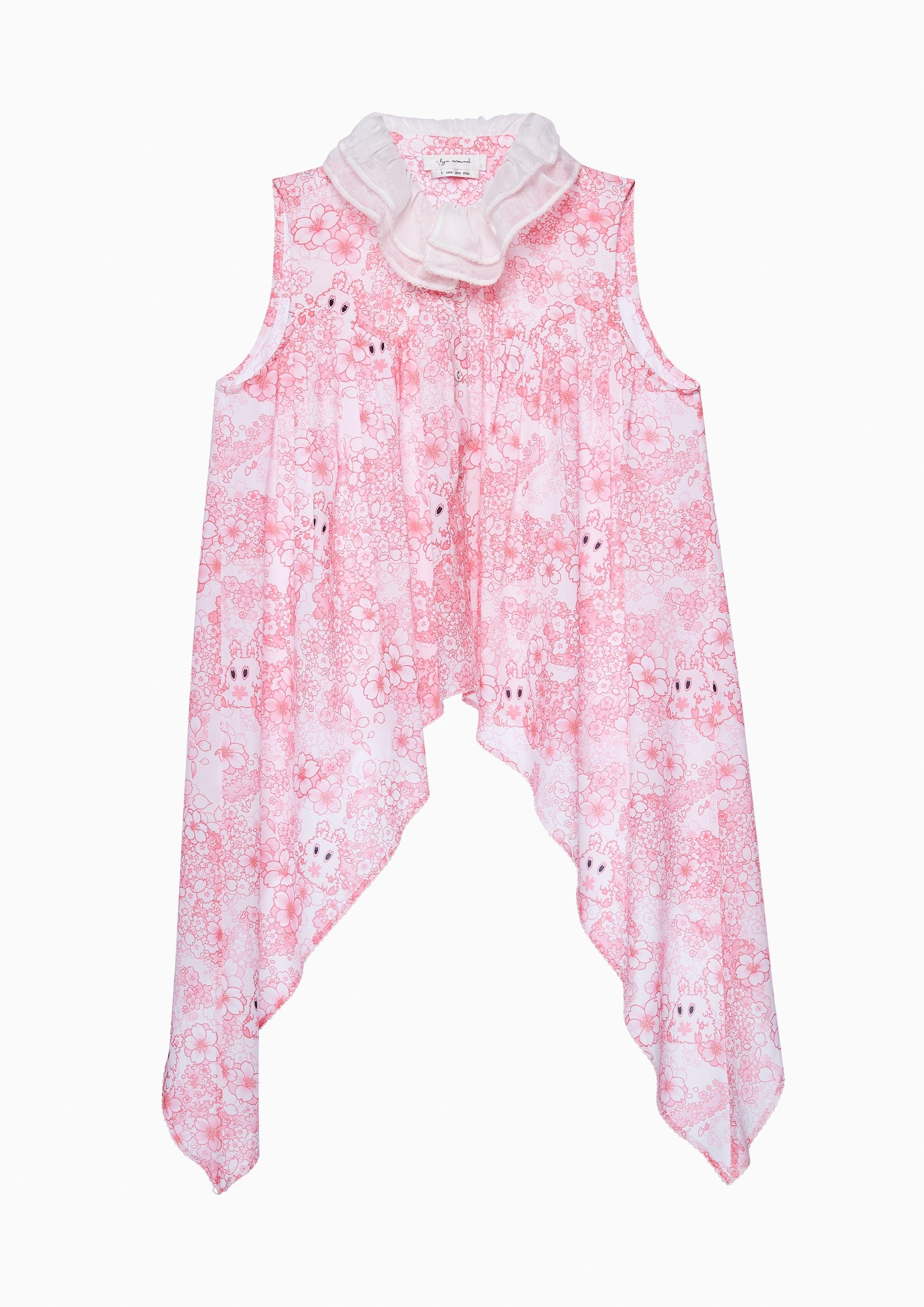 Sakura Spirit Print Sloped Hem Chiffon Blouse Pink