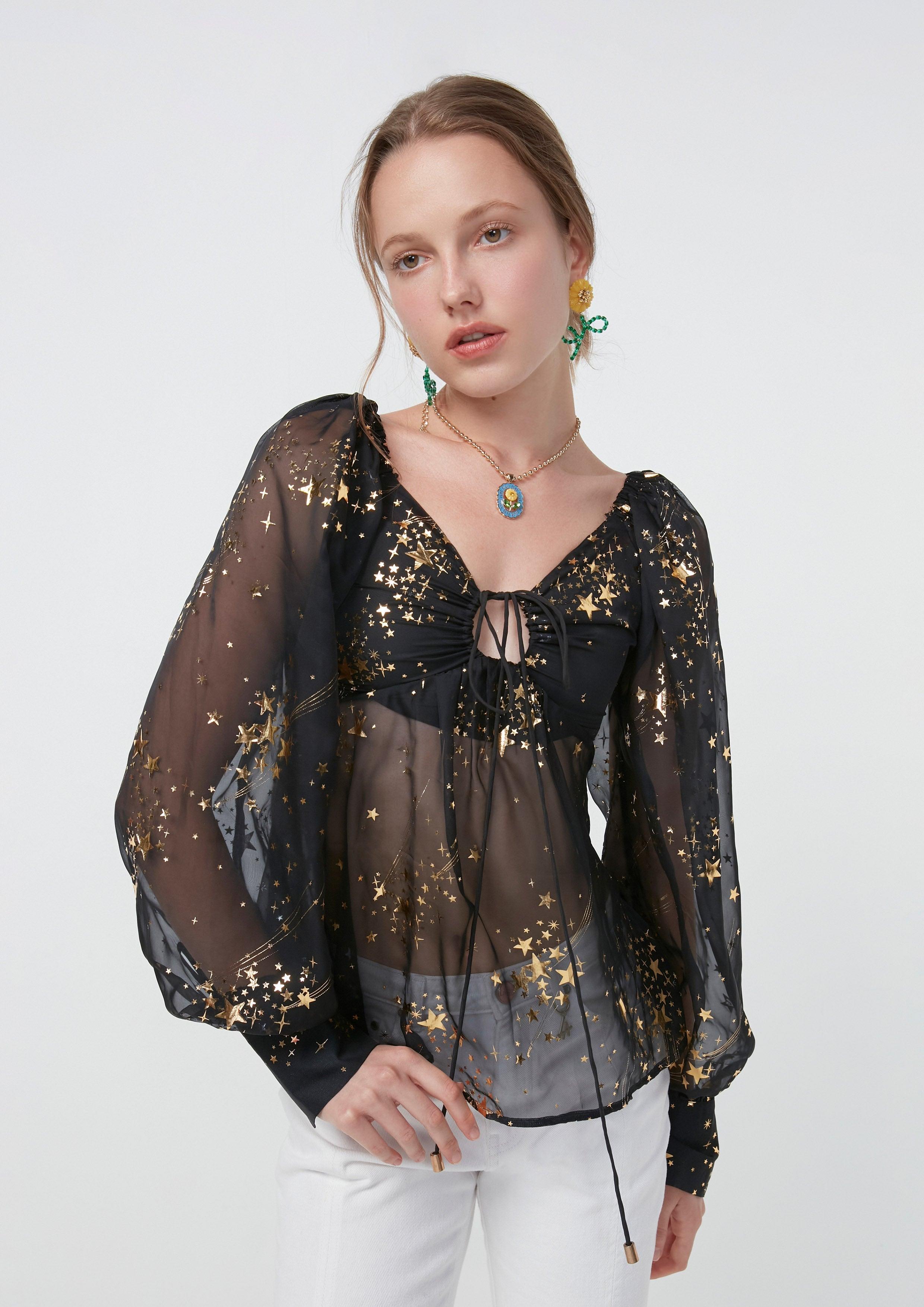 Nostalgia Chronicles Starry Dazzling Sheer Blouse Black