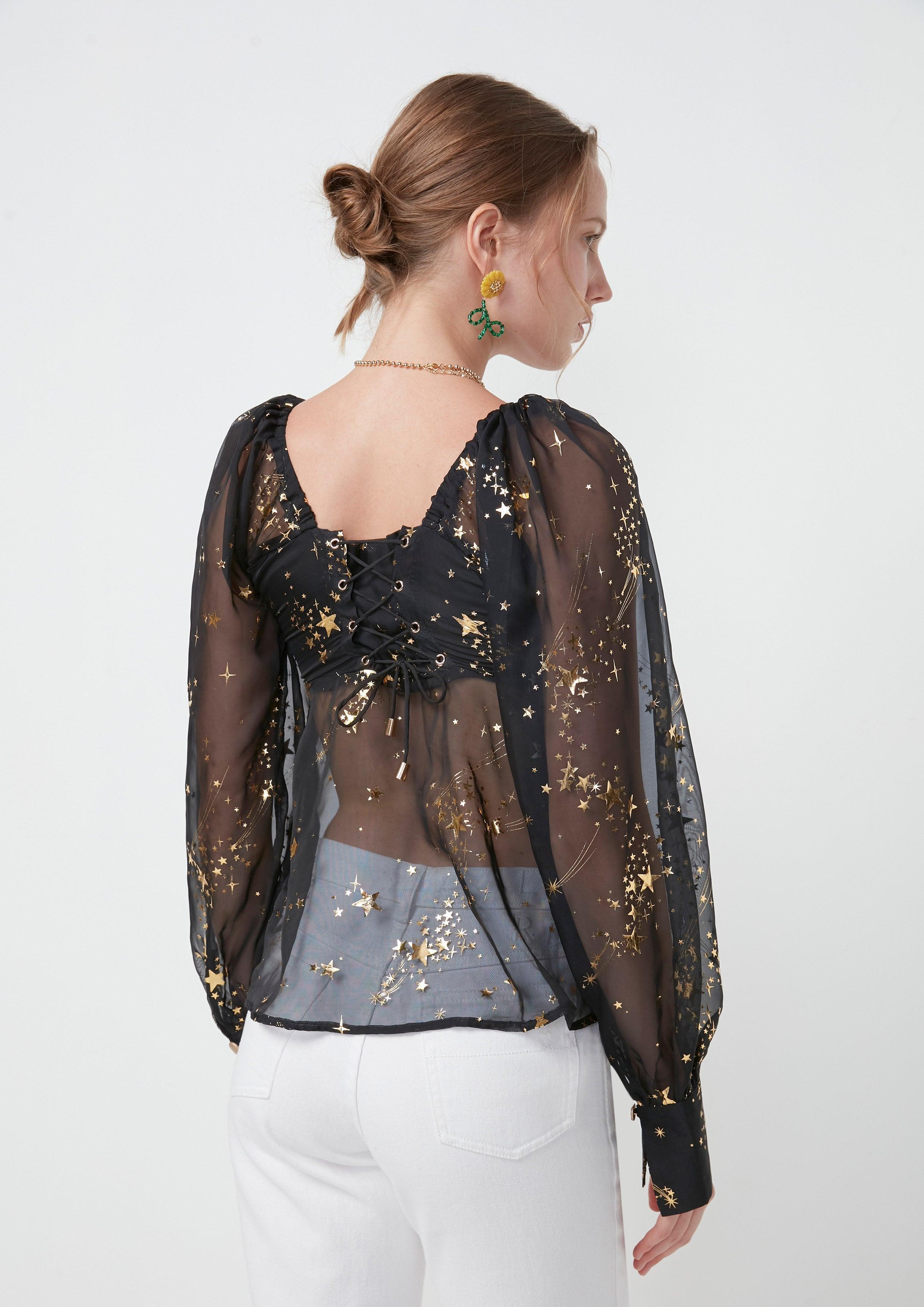 Nostalgia Chronicles Starry Dazzling Sheer Blouse Black