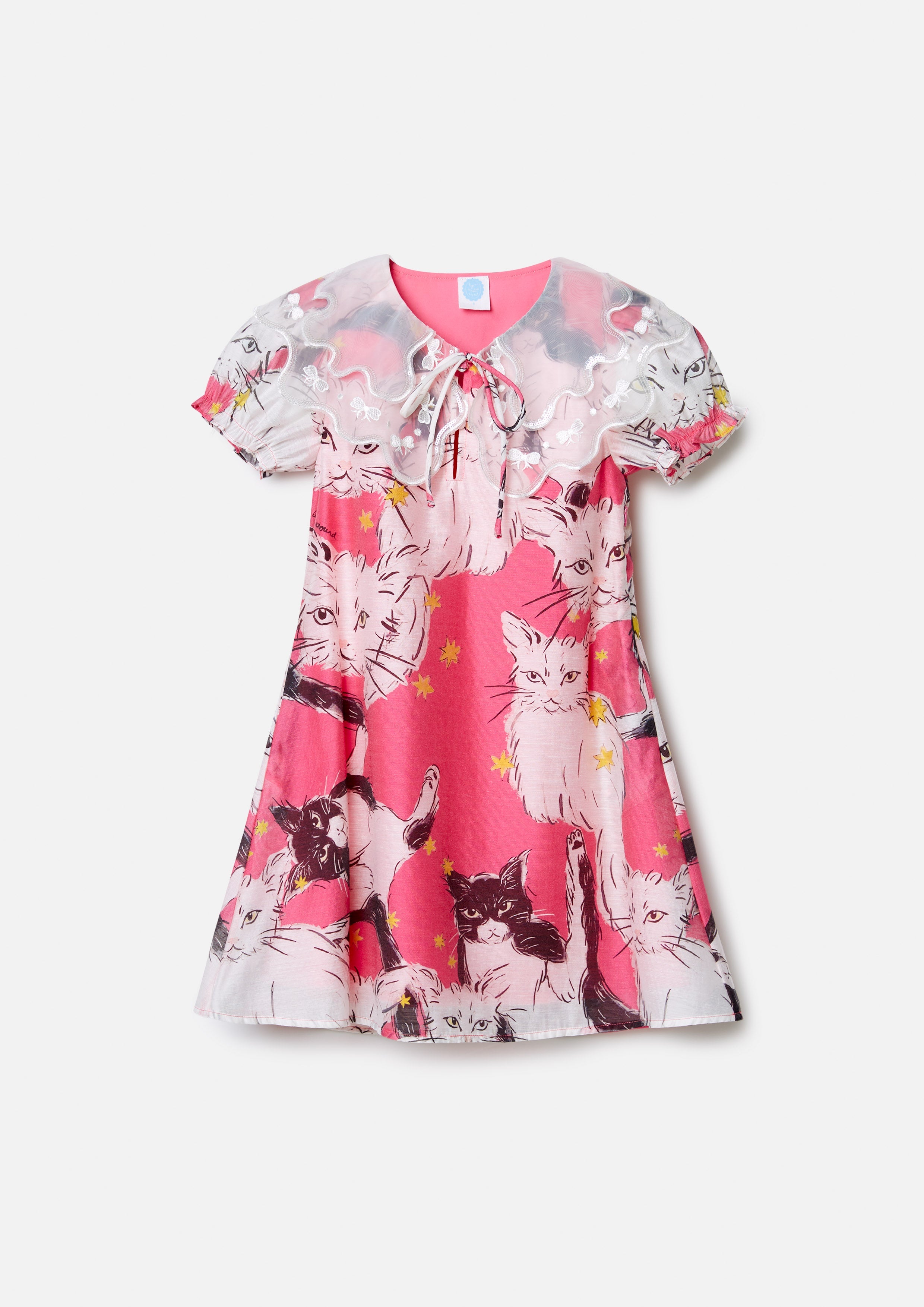 Sheer Collar Cat Print Kid Short Dress Nostalgia Chronicle Collection