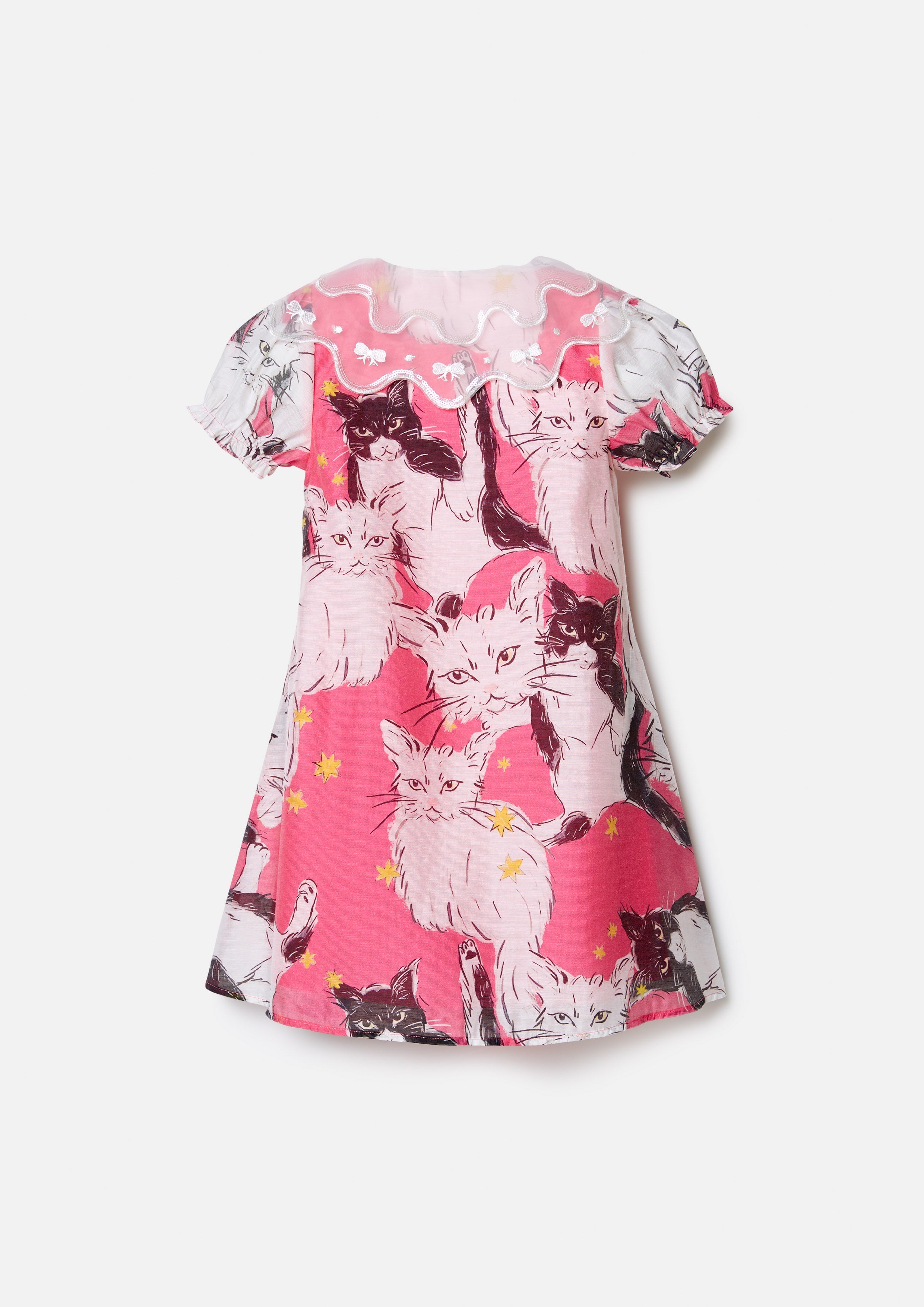 Sheer Collar Cat Print Kid Short Dress Nostalgia Chronicle Collection