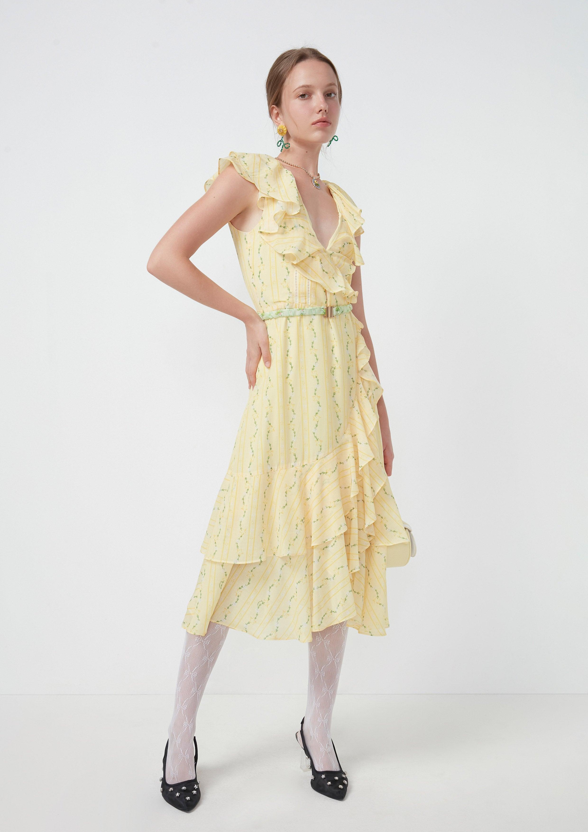 Ruffle Collar V-Neck Sleeveless Midi Dress Yellow