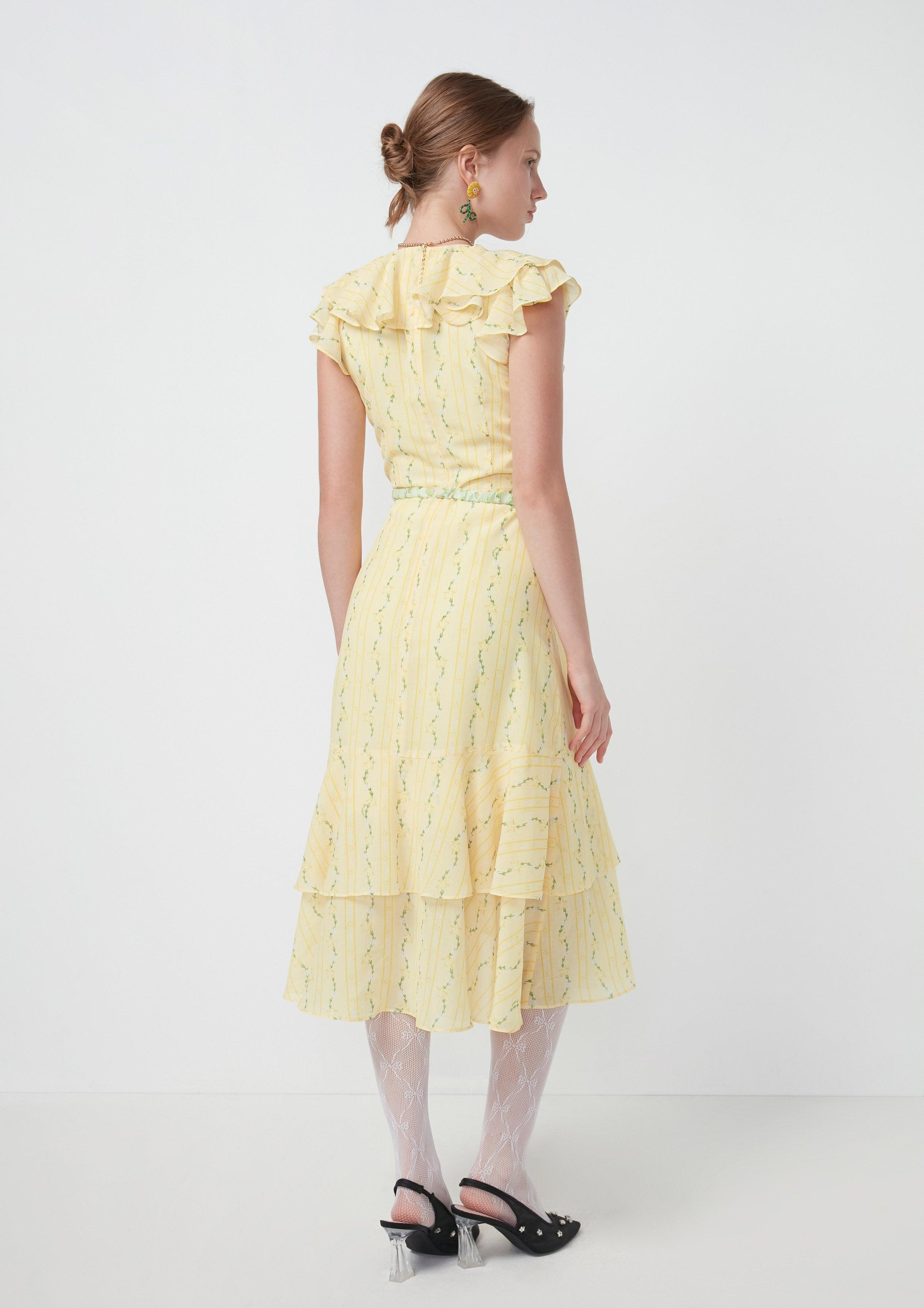 Ruffle Collar V-Neck Sleeveless Midi Dress Yellow