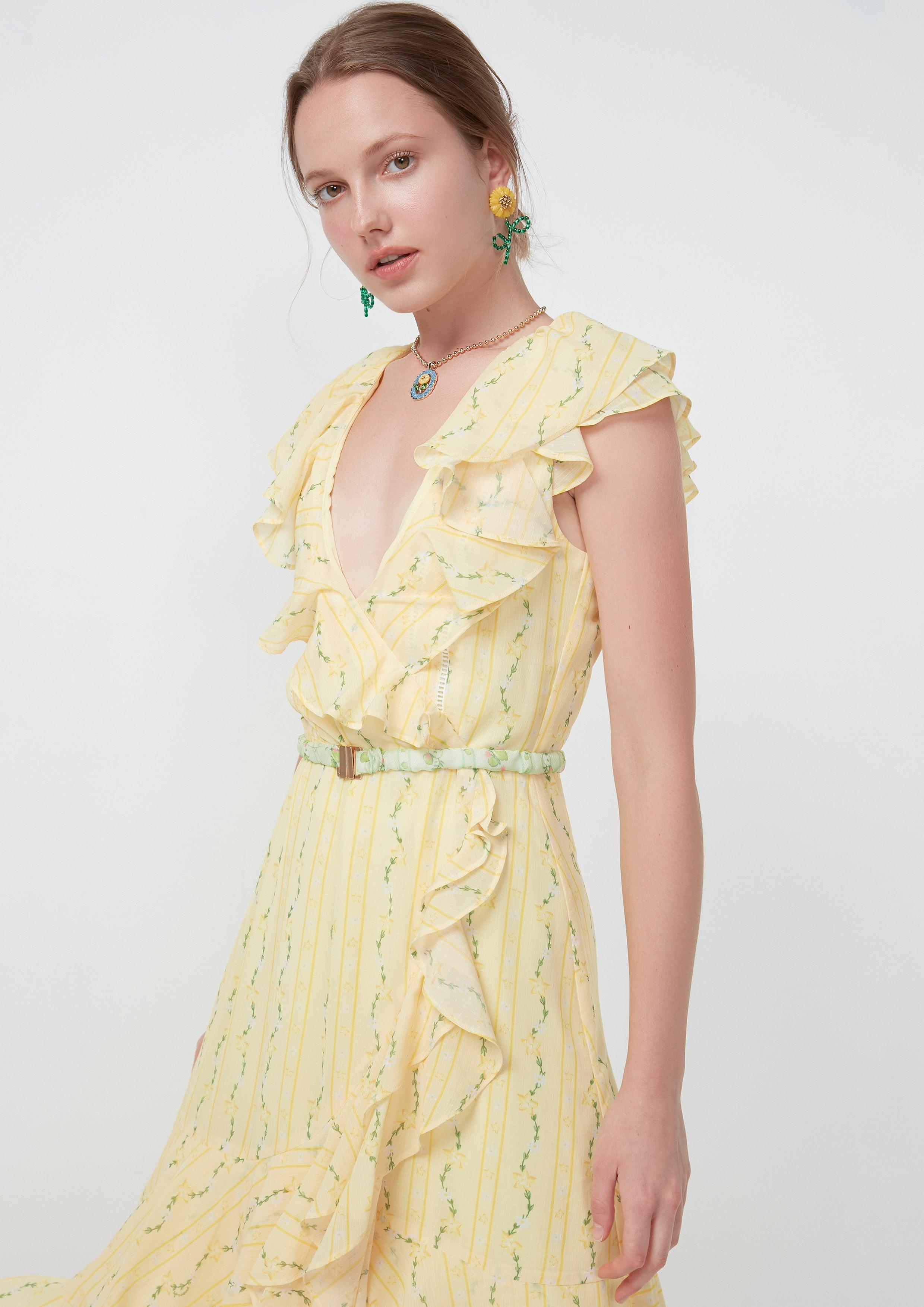 Ruffle Collar V-Neck Sleeveless Midi Dress Yellow