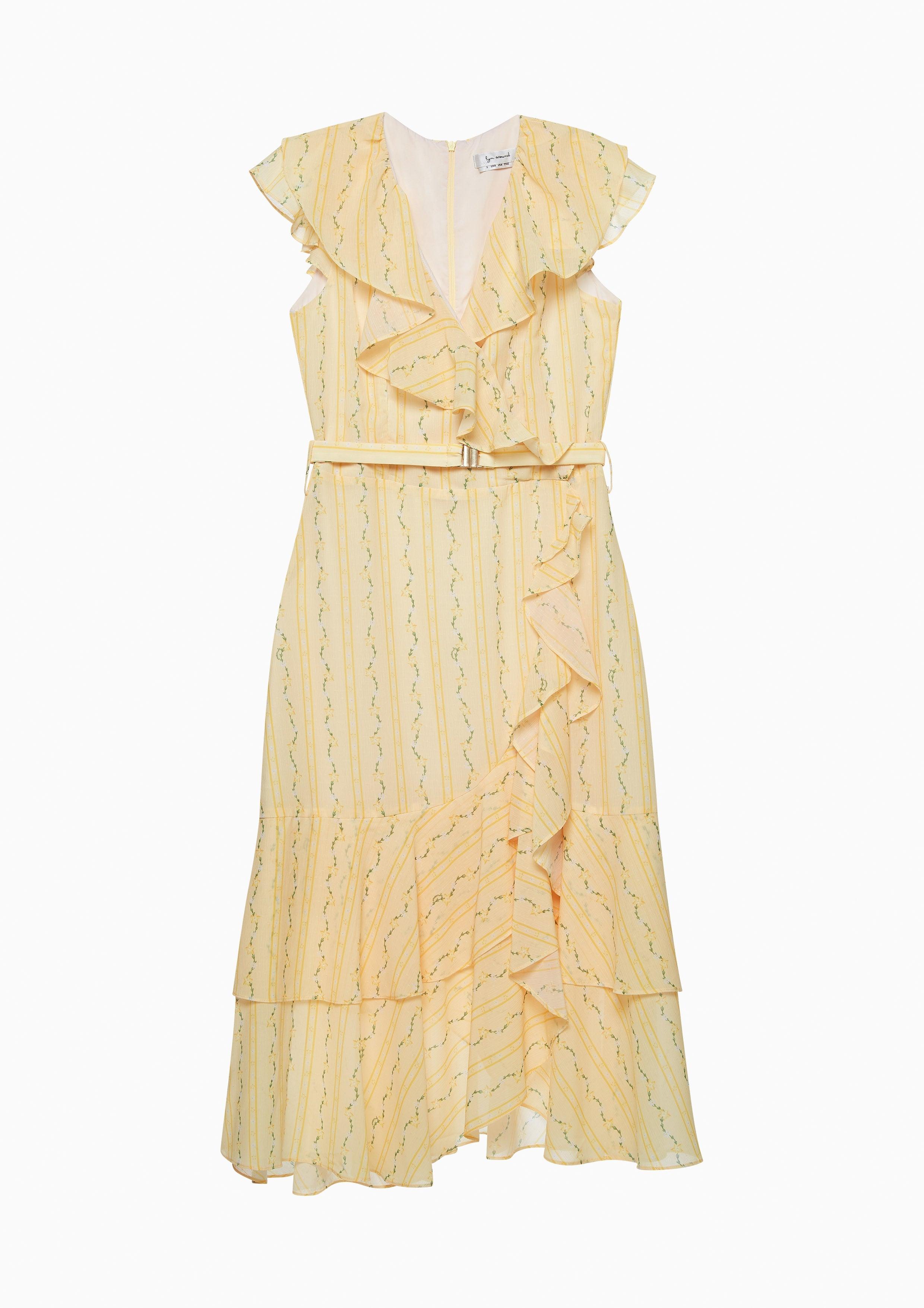 Ruffle Collar V-Neck Sleeveless Midi Dress Yellow