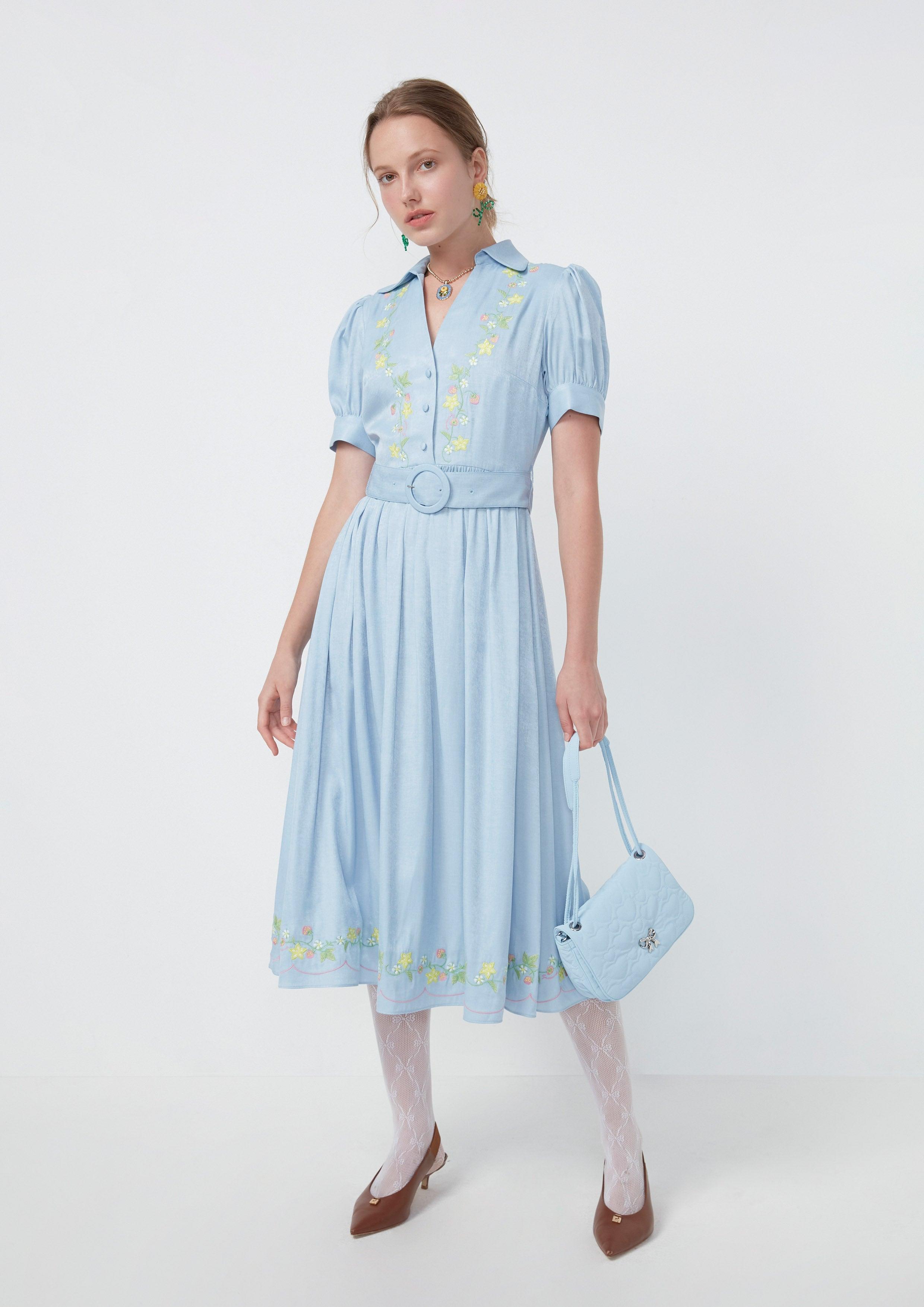 Nostalgia Chronicles Floral Belt Midi Dress Blue