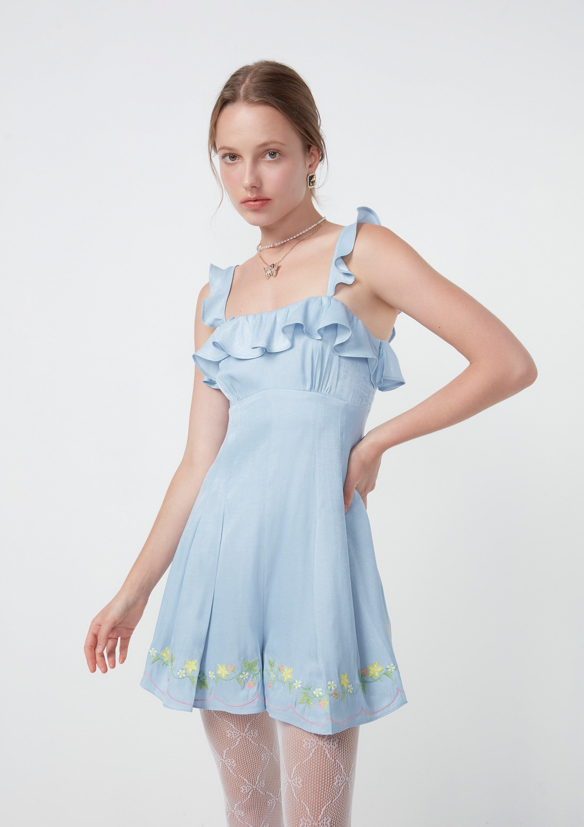 Nostalgia Chronicles Frill Sleeveless Romper Blue