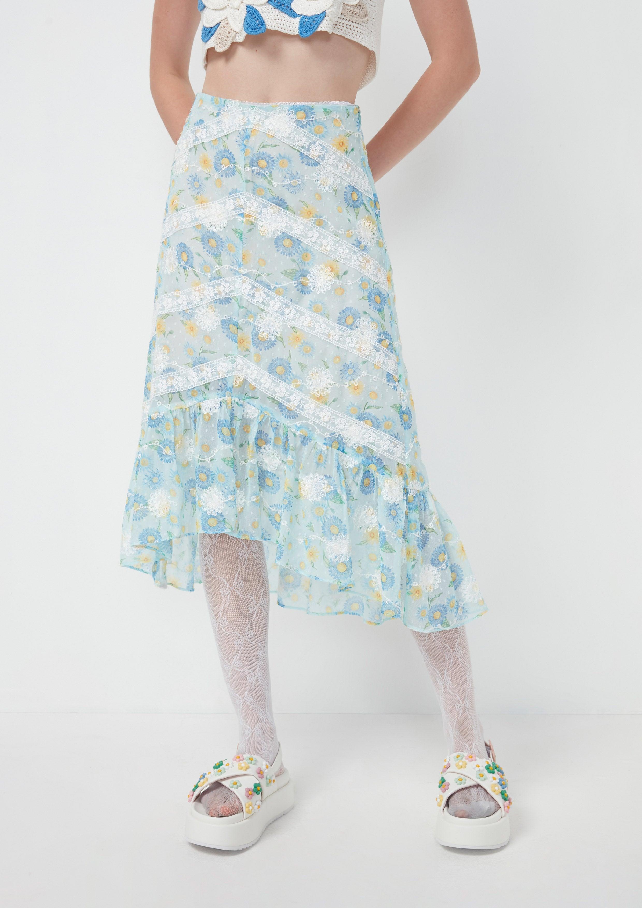 Nostalgia Chronicles Asymmetric Sheer Floral Skirt Blue