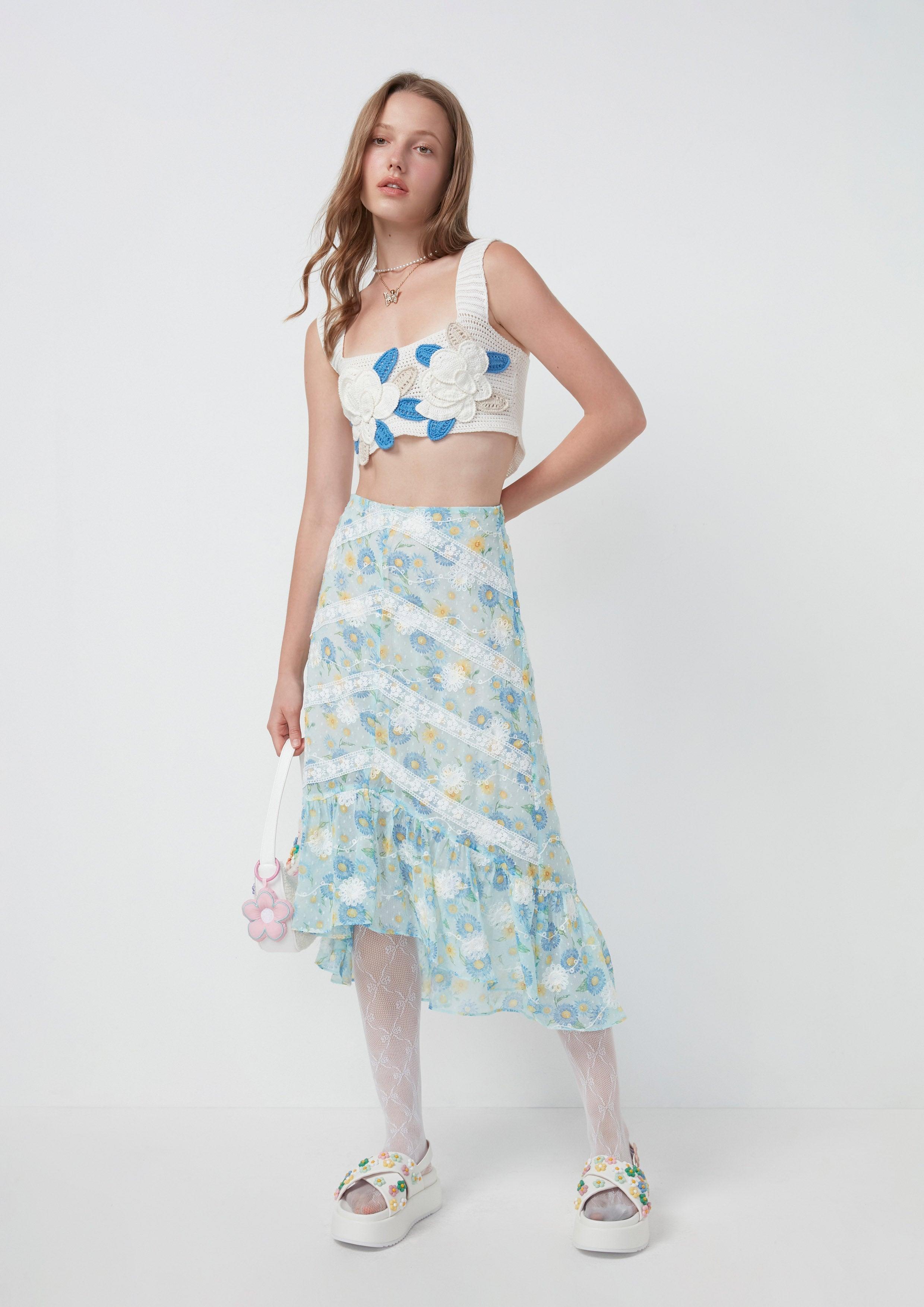 Nostalgia Chronicles Asymmetric Sheer Floral Skirt Blue