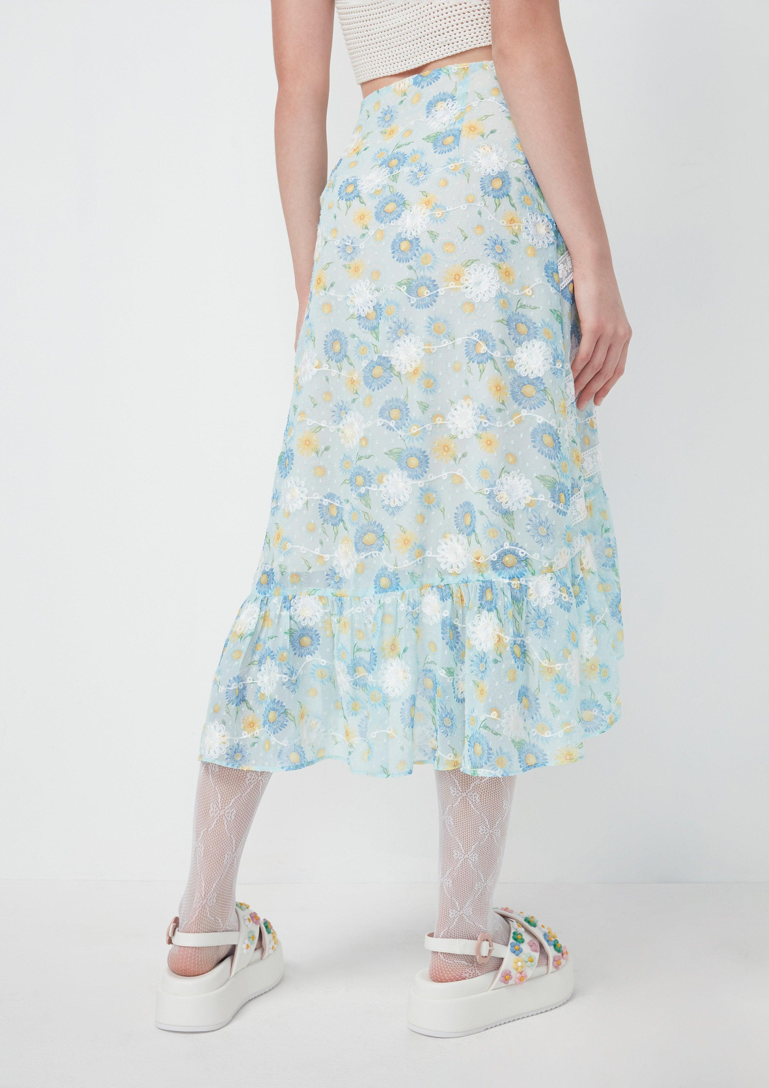 Nostalgia Chronicles Asymmetric Sheer Floral Skirt Blue