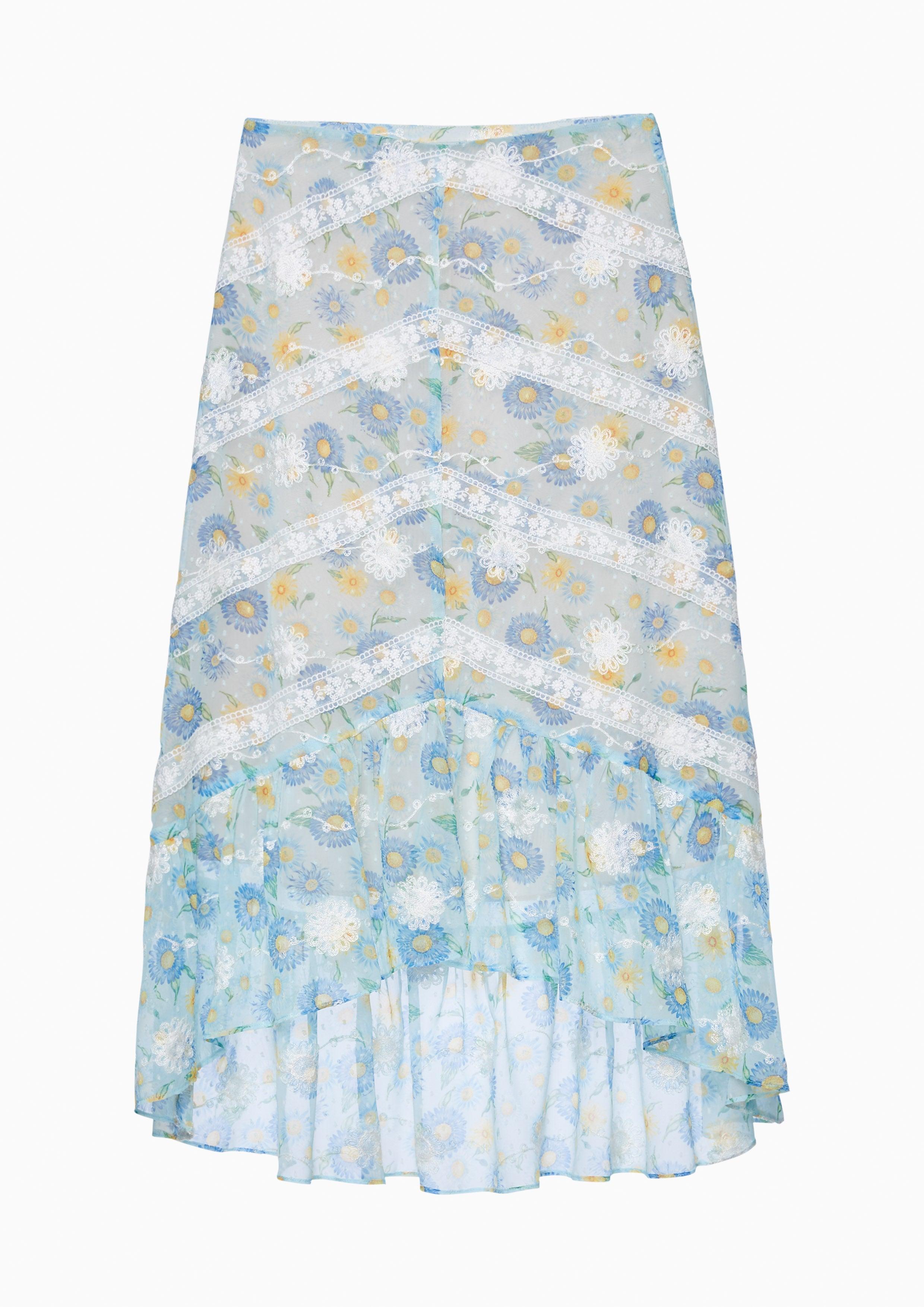 Nostalgia Chronicles Asymmetric Sheer Floral Skirt Blue