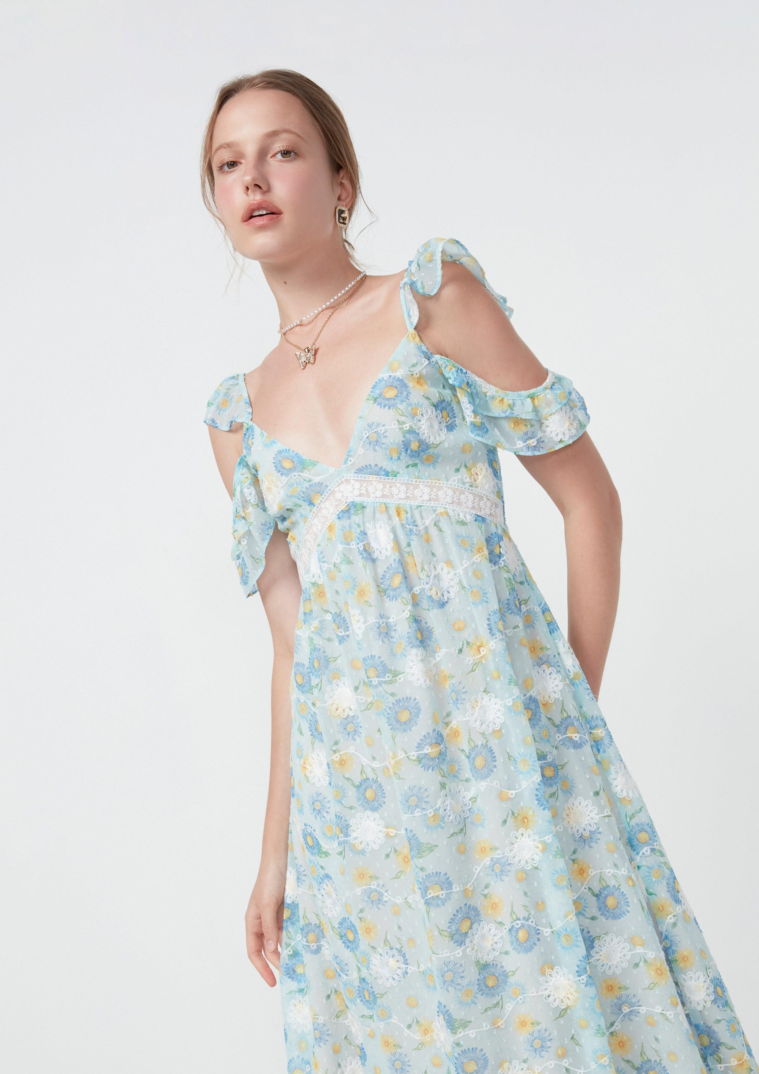 Nostalgia Chronicles Peekaboo Shoulder Sheer Floral Dress Blue